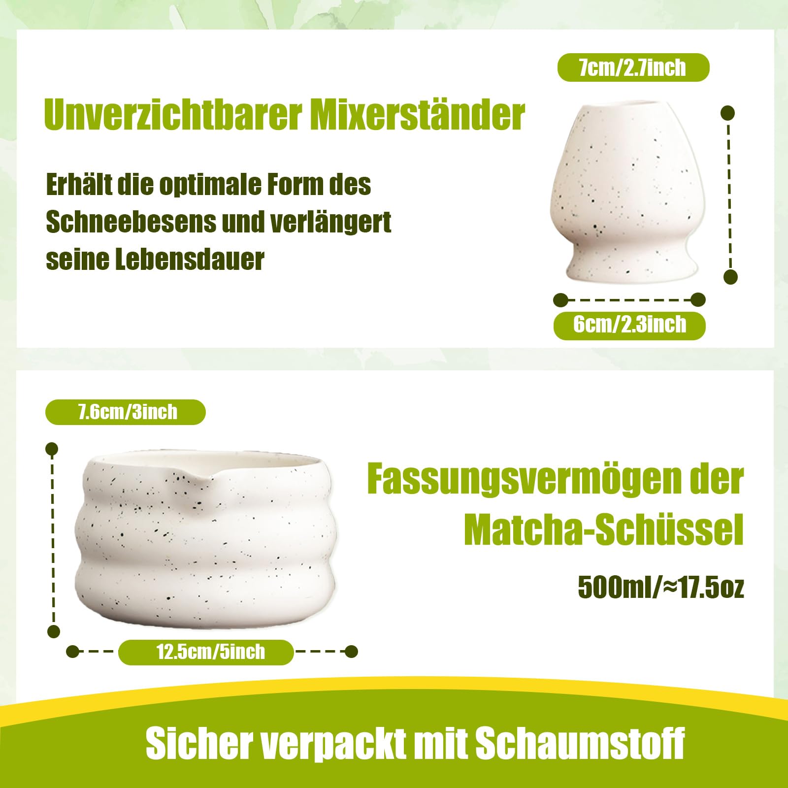 Colcolo 2-Teilige Matcha-Schüssel, Handgefertigt für die Matcha-Zeremonie, mit Schneebesenhalter und Ausgießer, Liefert Schneebesen-Teeschale, Japanische Matcha-Schüssel für Anfänger, HellgrünWeiß