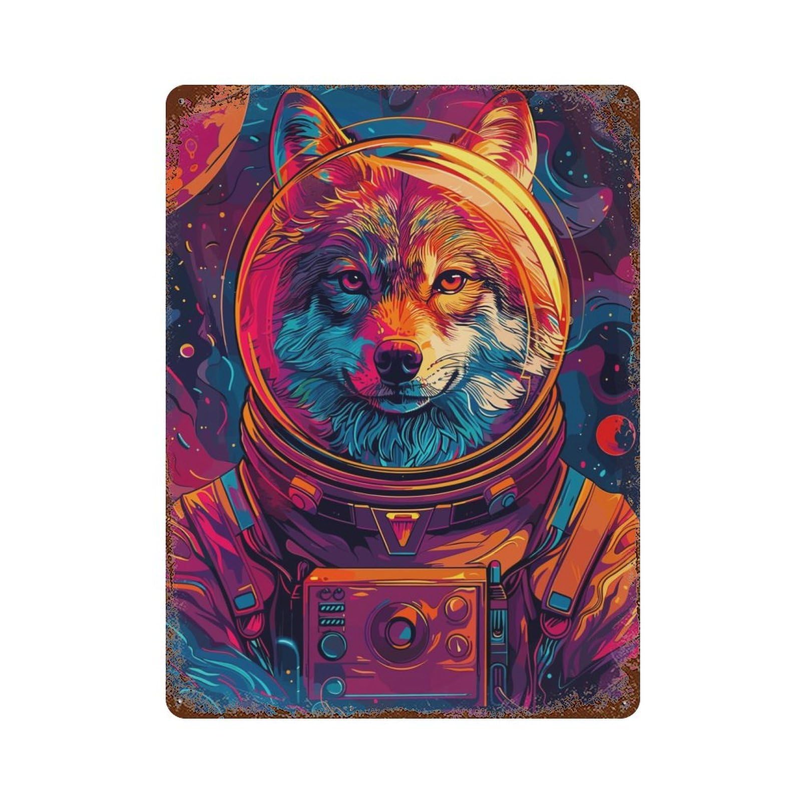 Rust Effect Astronaut Space Wolf Vintage Rust Metal Sign 15.7"x11.8", Rustic Home Decor for Farmhouse, Kitchen And Entryway Decor