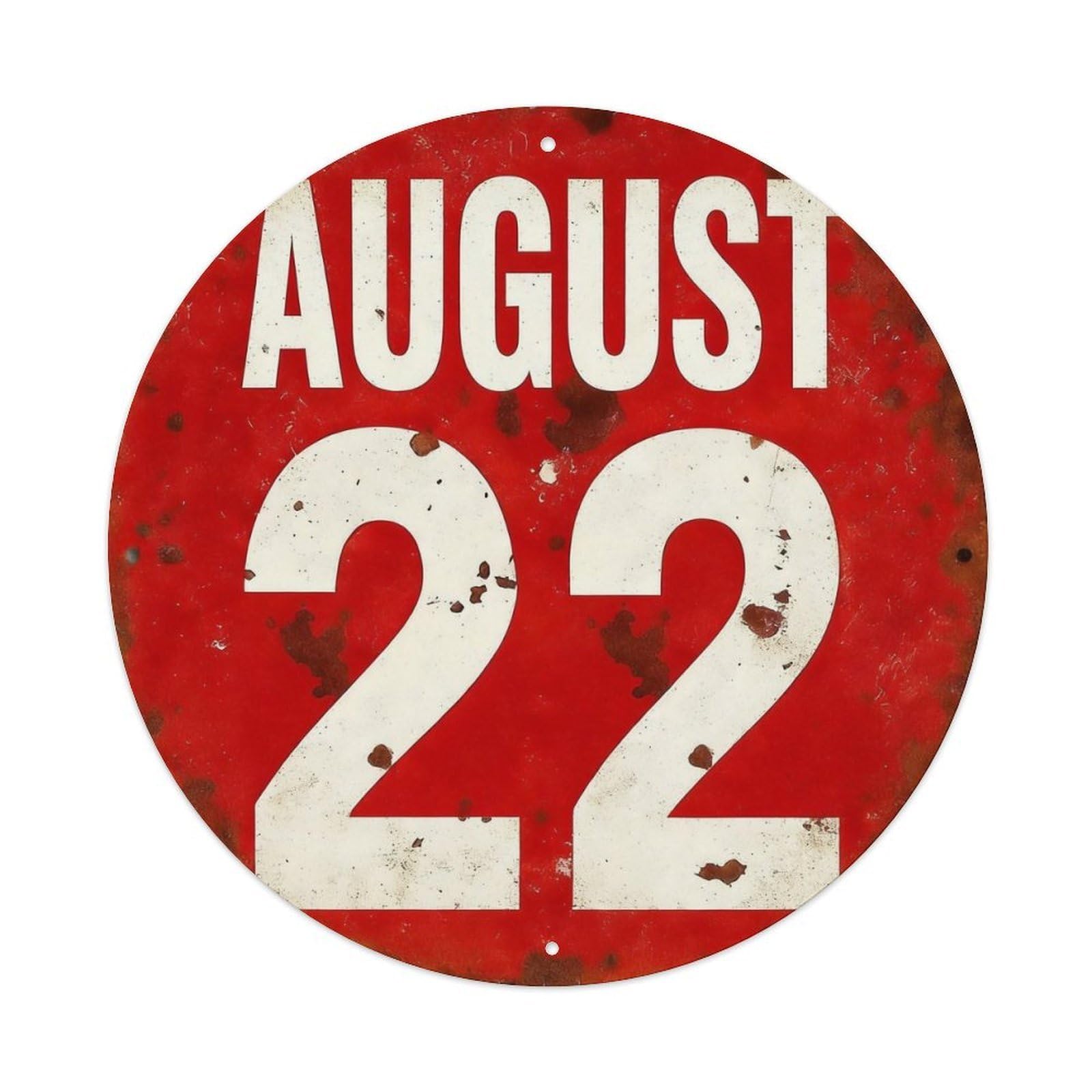 August 22 Red Circle Sign Round Tin Sign Vintage Metal Poster Retro Bar, Home, Man Cave, Kitchen, Laundry Room Wall Art Decor Gift 8x8Inch