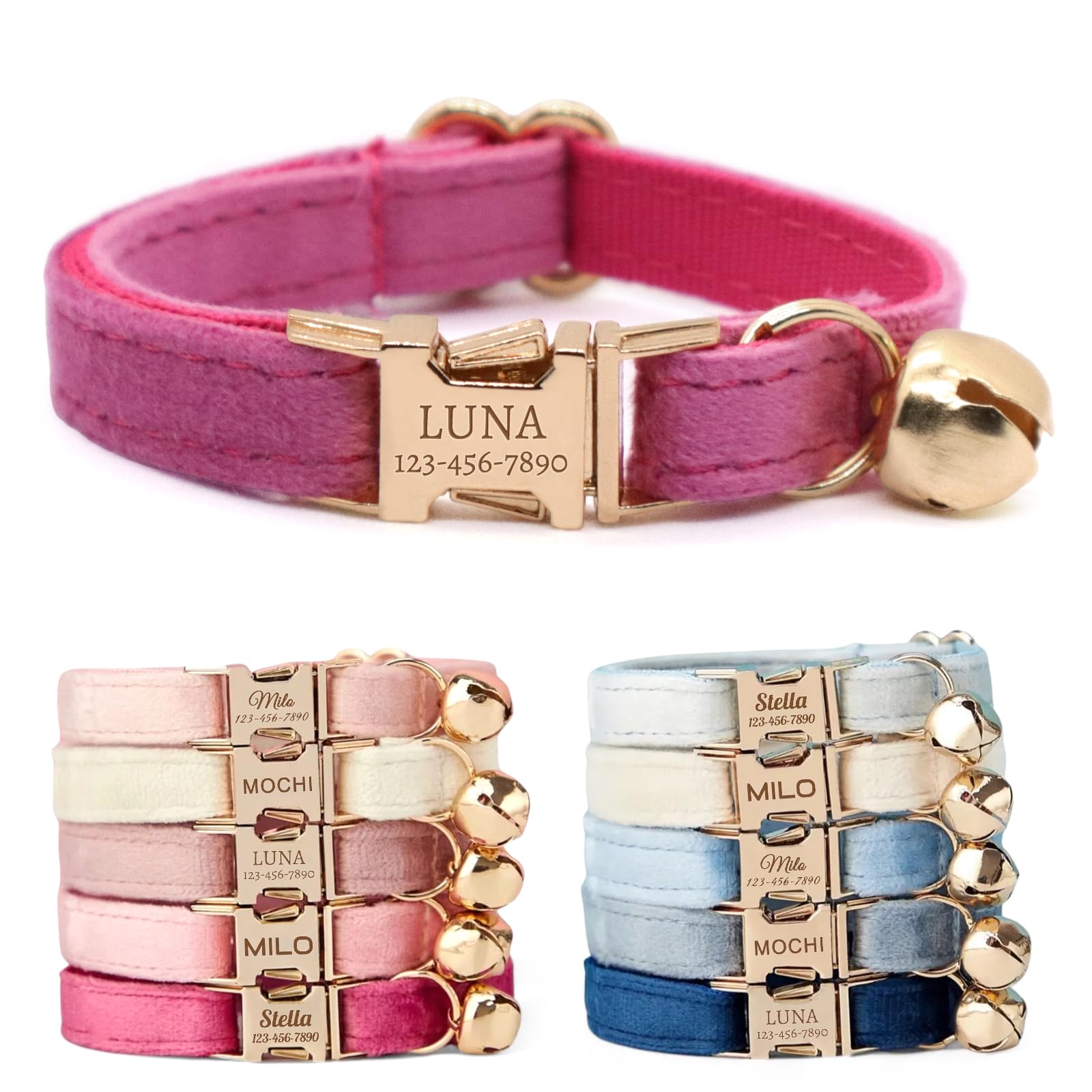 CHRYMPETIC Non-Breakaway Velvet Personalised Cat Collar with Name - Customisable Collar with Bell & Bow Tie Available (Rose) — image 1