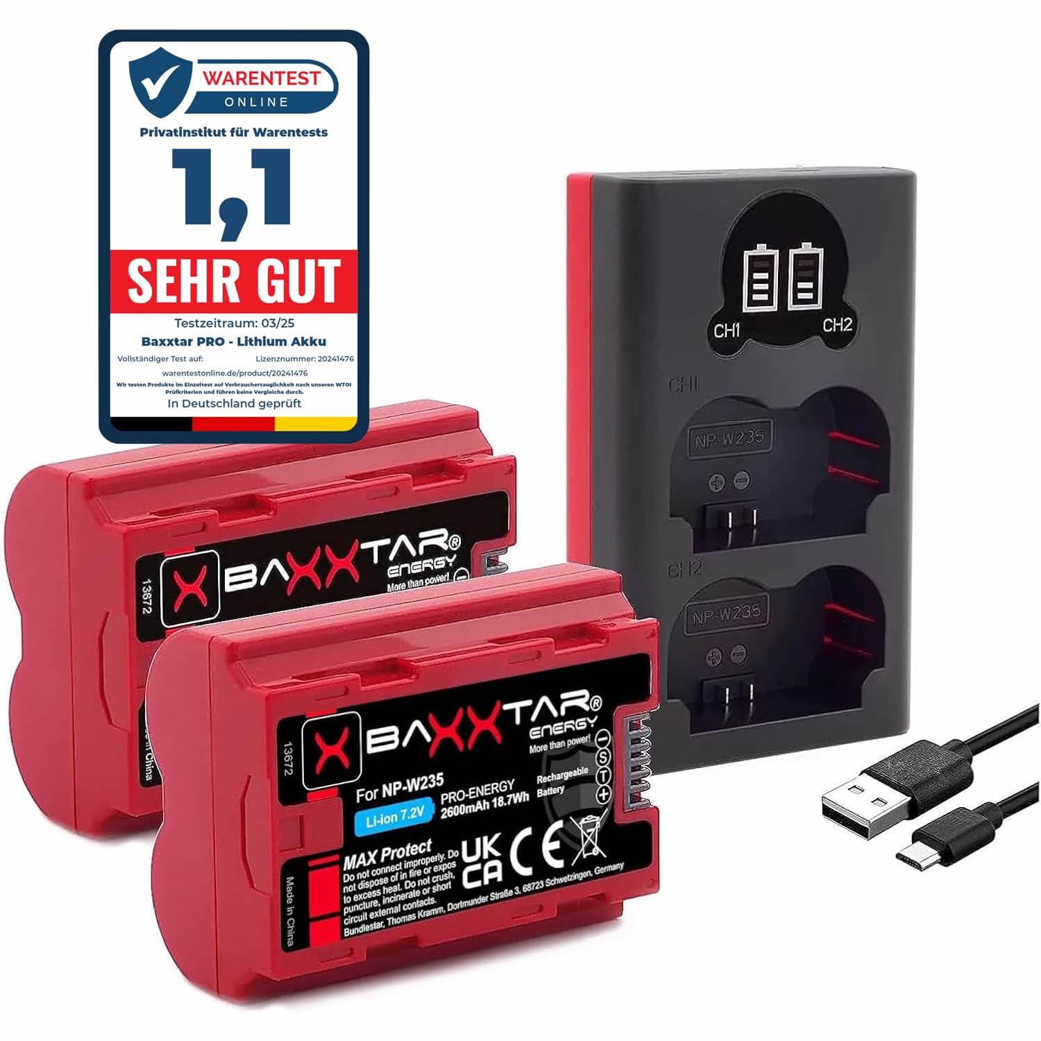 Baxxtar NP-W235 Batteries MaxProtect (2X 2600mAh) avec NTC-Capteur et Boîtier V1 - Chargeur Mini 18882 USB Dual LCD - Compatible avec Fuji GFX50s II GFX-100S GFX-100 II X-H2 X-H2S X-S20 X-T4 X-T5