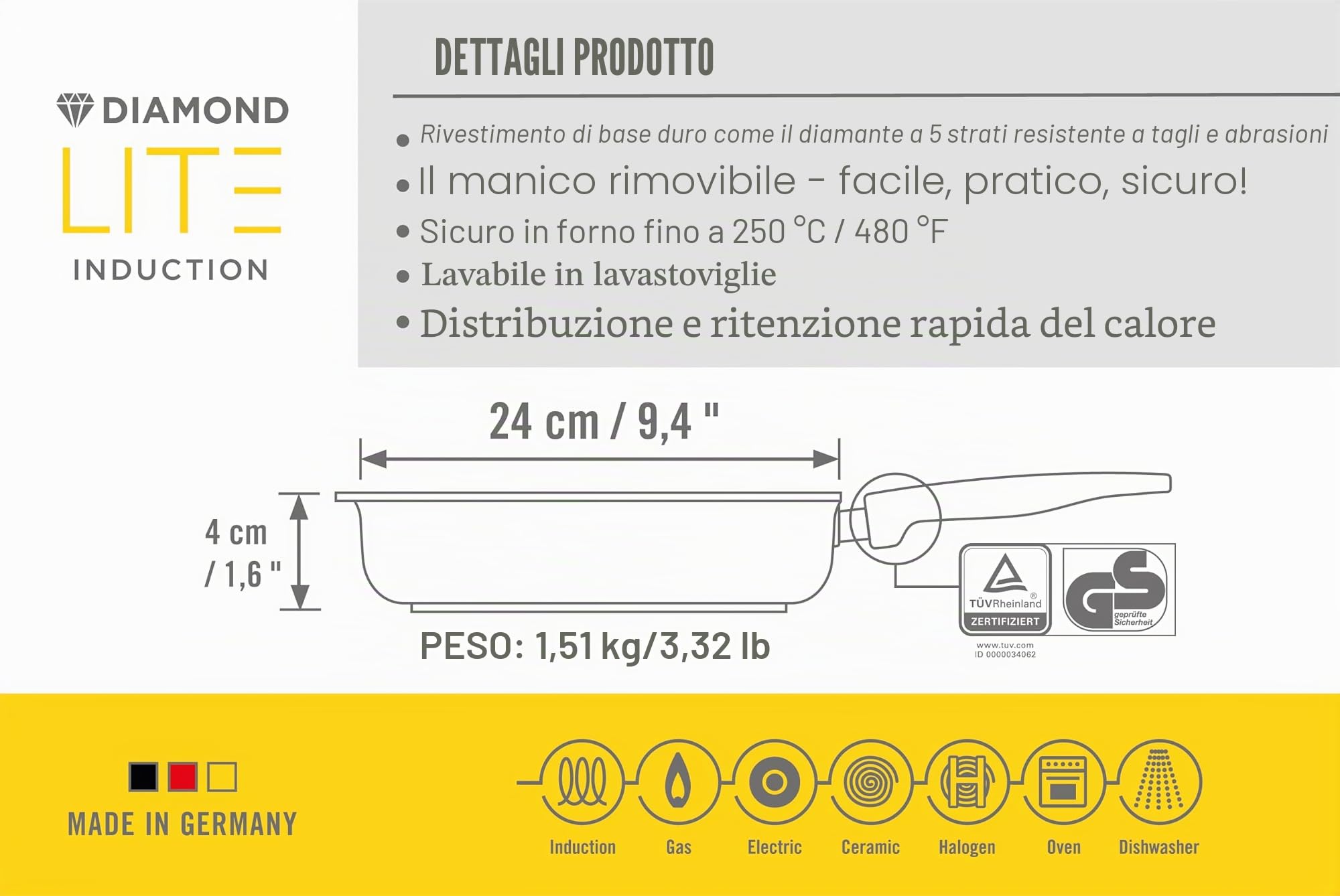 Woll Diamond Lite - Bistecchiera quadrata, con scanalature, induttiva, altezza 4 cm, con manico rimovibile, adatta per tutti i piani cottura, in alluminio pressofuso, rivestimento antiaderente,