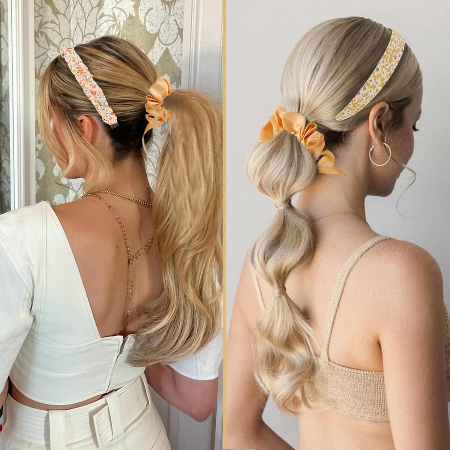 7 Pack Non-Slip Fashion Headbands for Women, Flower & Pearl Hair Bands Set with Twisted Designs, Soft Fabric Hair Accessories for Girls and Ladies – Yellow