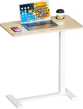 Okin Adjustable Bedside Table with Swivel Hidden Wheels Pneumatic Rolling Desk Mobile Standing Desk with Cup Holder for Hospital Home27.6"x15.8" Maple