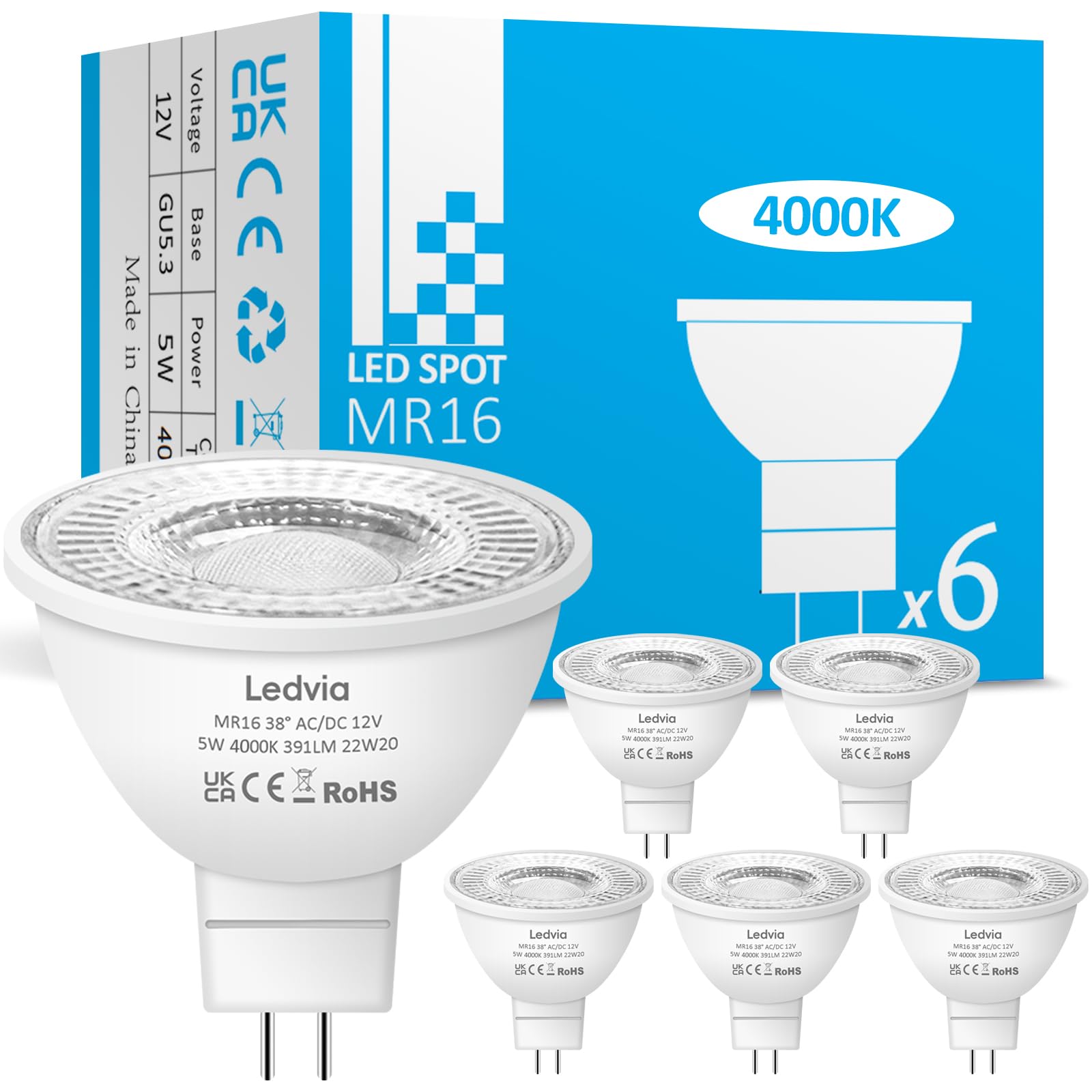 Ledvia MR16 LED Bulbs 12V 5W, Natural White 4000K, Replacement for 50W MR16 Halogen Bulbs, 391LM 38°Beam Angle, GU5.3 Bi-Pin Base for Indoor Outdoor Recessed Track Lighting, 6 Pack