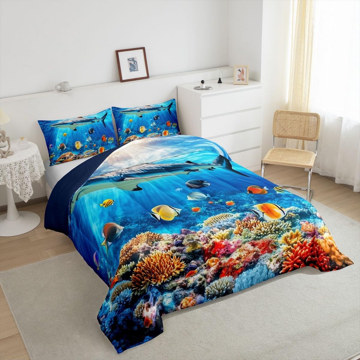 jejeloiu Ocean Bedding Set Toddler Size Kids Whale Comforter Cover for Boys Girls Teens Vivid Blue Duvet Cover Breathable Soft Lightweight Microfiber Quilt Set