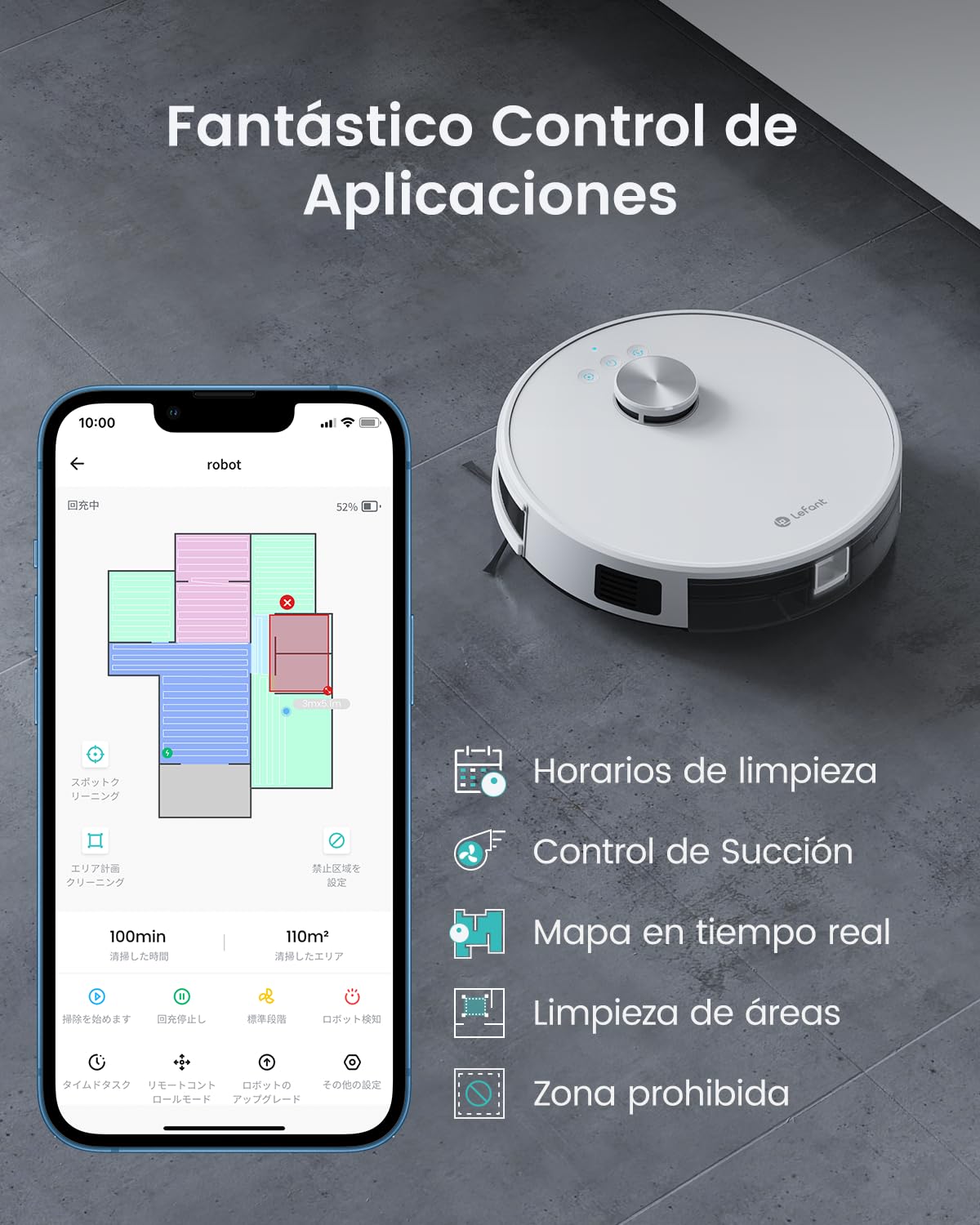 Lefant M1 Robot Aspirador y fregador con mapeo, navegación LDS, mapeo Multicapa, 150 Minutos, 5500 pa, Zona prohibida, Aspirador Adecuado para Pelo de Animales y Suelos Duros, Blanco