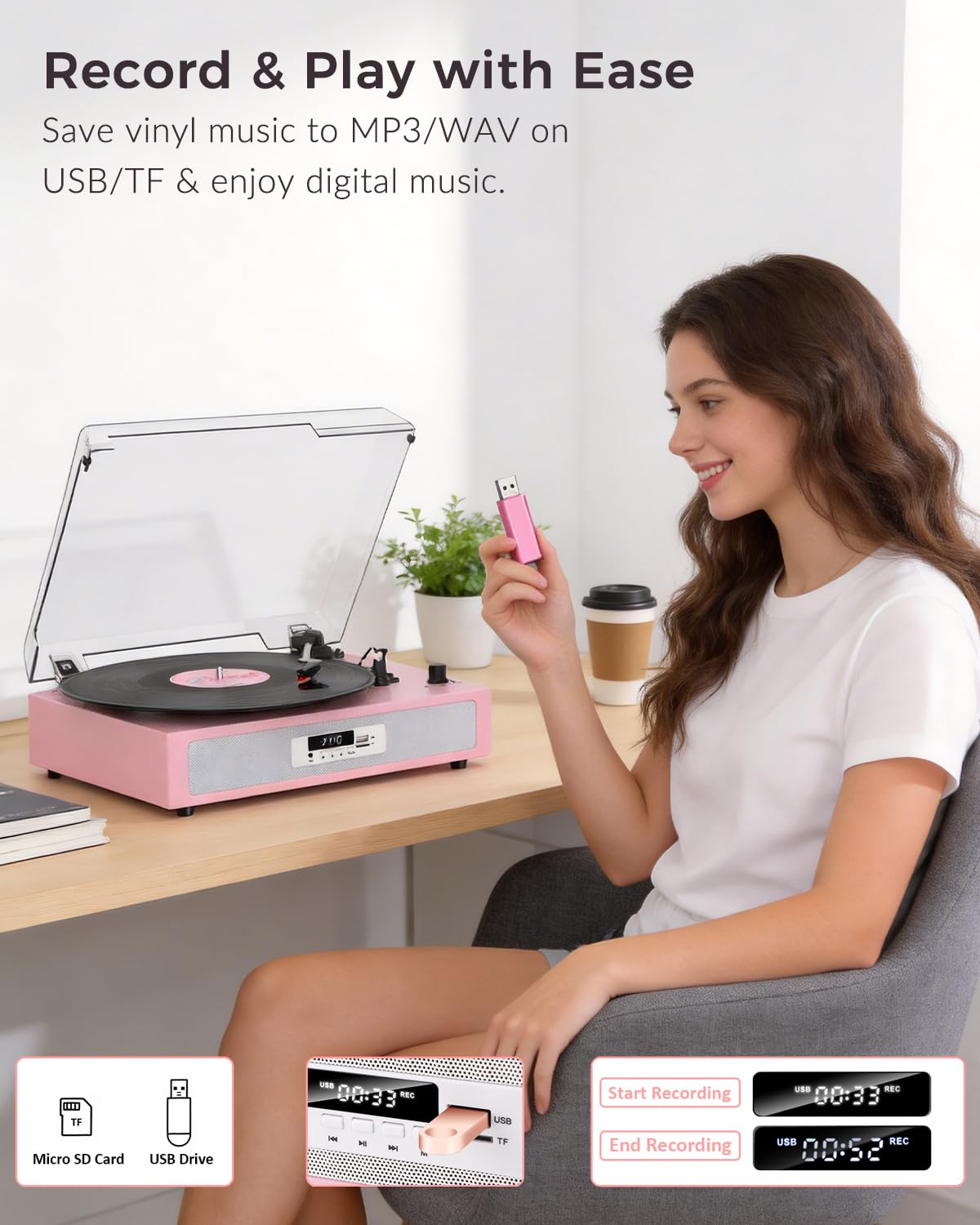Giradischi in vinile con doppio altoparlante stereo integrato, giradischi vintage a 3 velocità, giradischi Bluetooth con modalità audio EQ, registrazione e riproduzione USB/TF, display LED