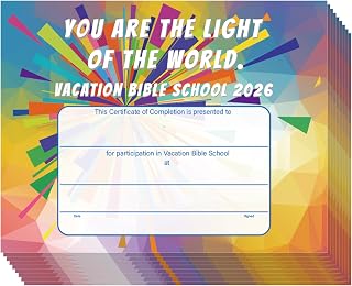Resurhang 50 Pcs Vbs 2026 Certificates Vacation Bible School Attendance | 8.5 x 11'', Bible School Award, You Are The Light of The World, Certificates of Completion for Sunday Schools Church Supplies