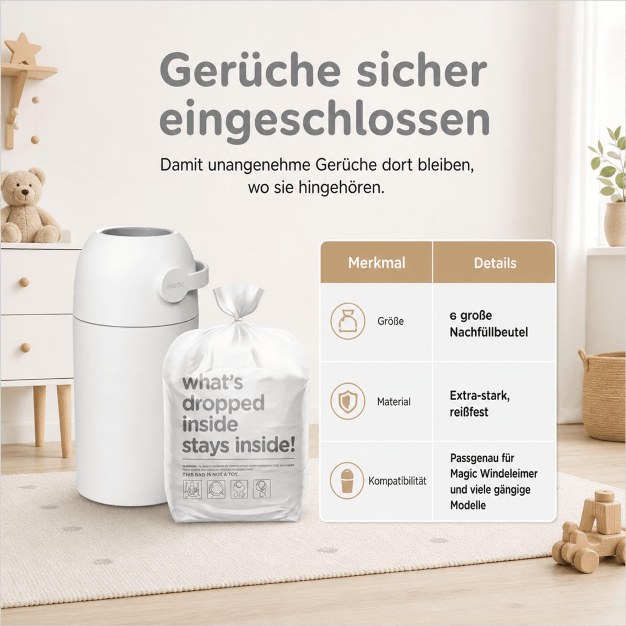Magic Windeleimer Windeltüten Nachfüllpack - 15 extra starke, mehrlagig, geruchsdicht & 100% auslaufsicher - kompatibel mit vielen Windeleimern - inkl. Baumwoll-Windel