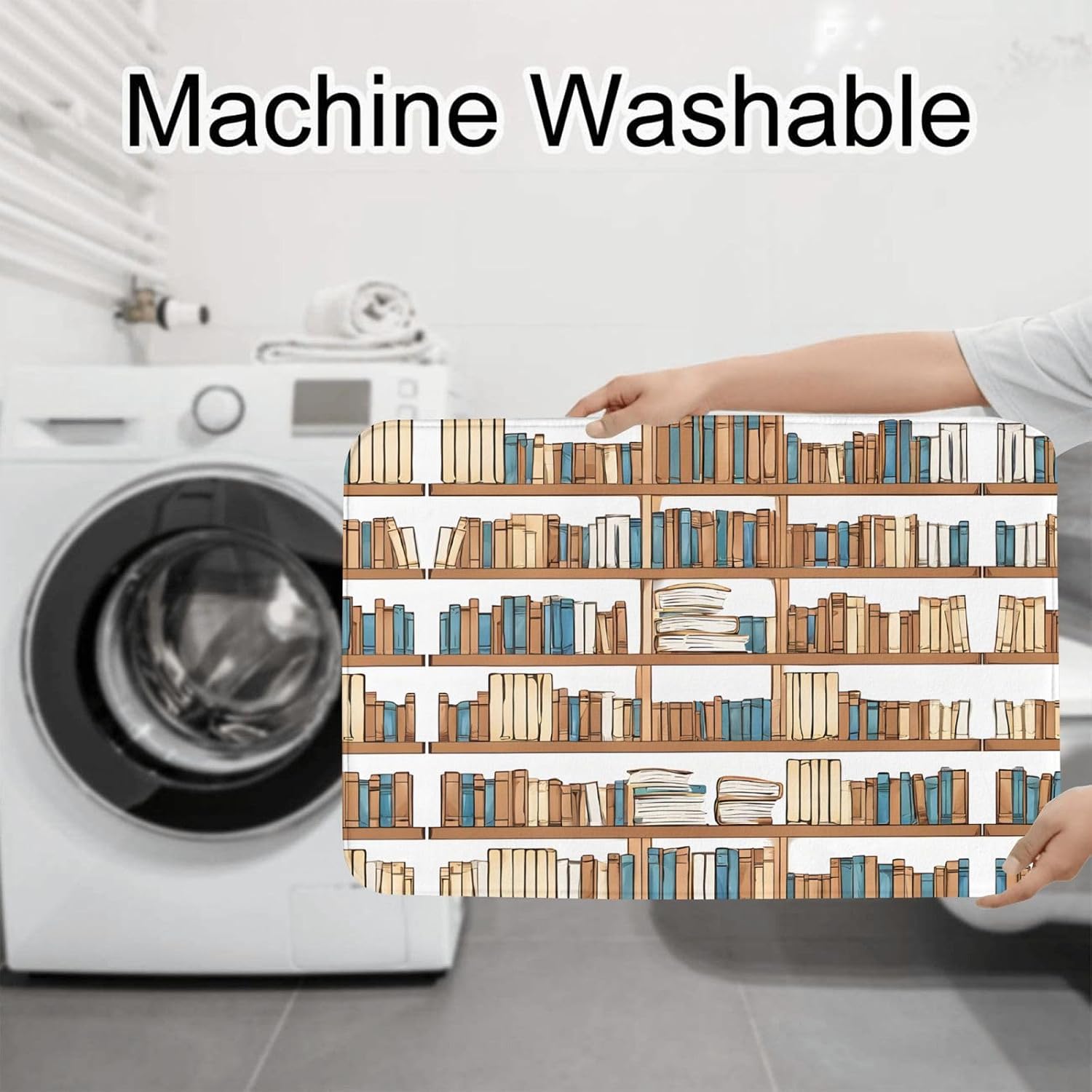 Funny Book Shelves Collection and Ladder Print 3pc Bathroom Rug Set, Soft Flannel, Non-Slip, Absorbent Bath Mat, Contour & Lid Cover, Hand Wash
