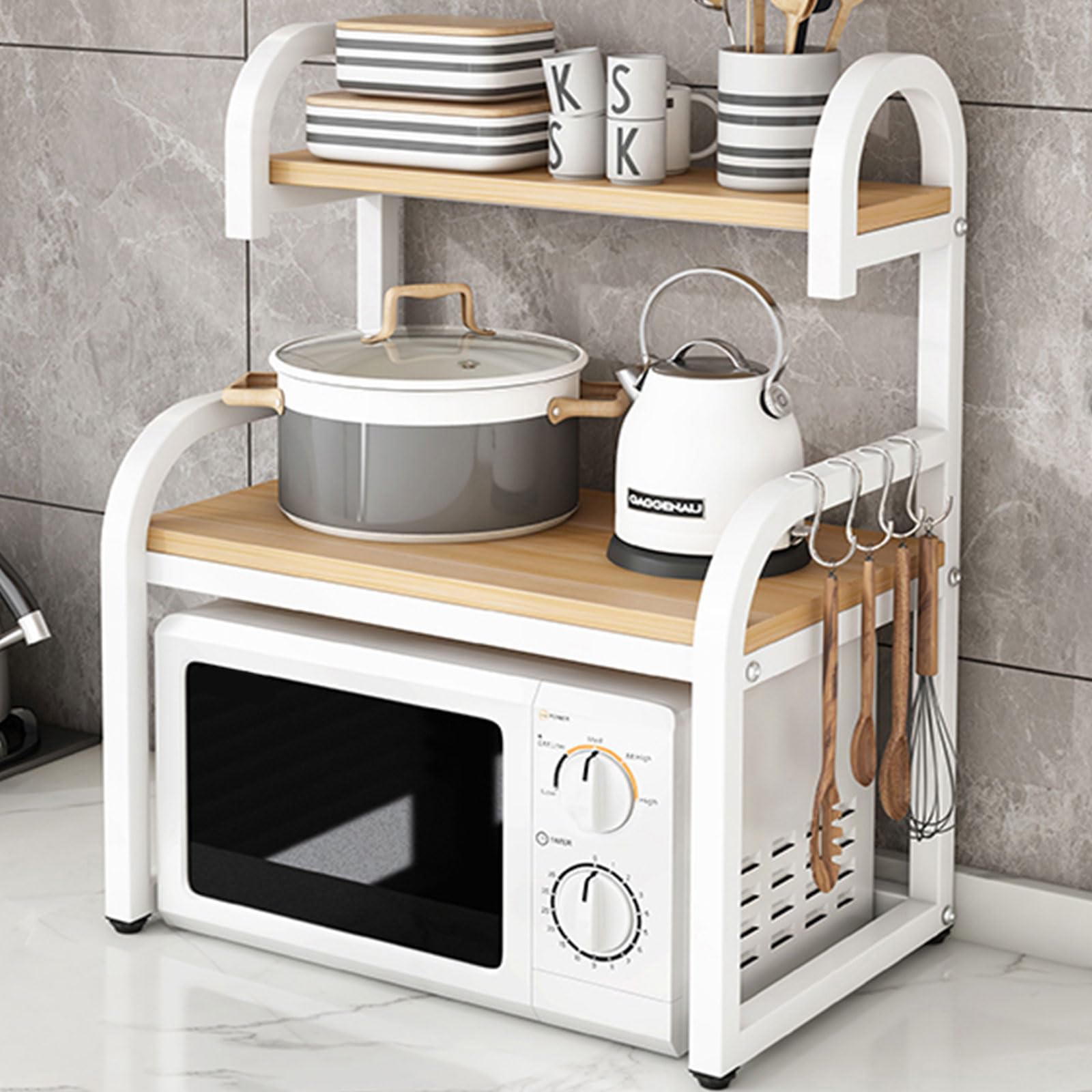 POLGDW 2 Tier Wooden Microwave Stand with Hooks Kitchen Storage Shelf for Appliances Tableware & Condiments Countertop nizer for Home & Small Spaces