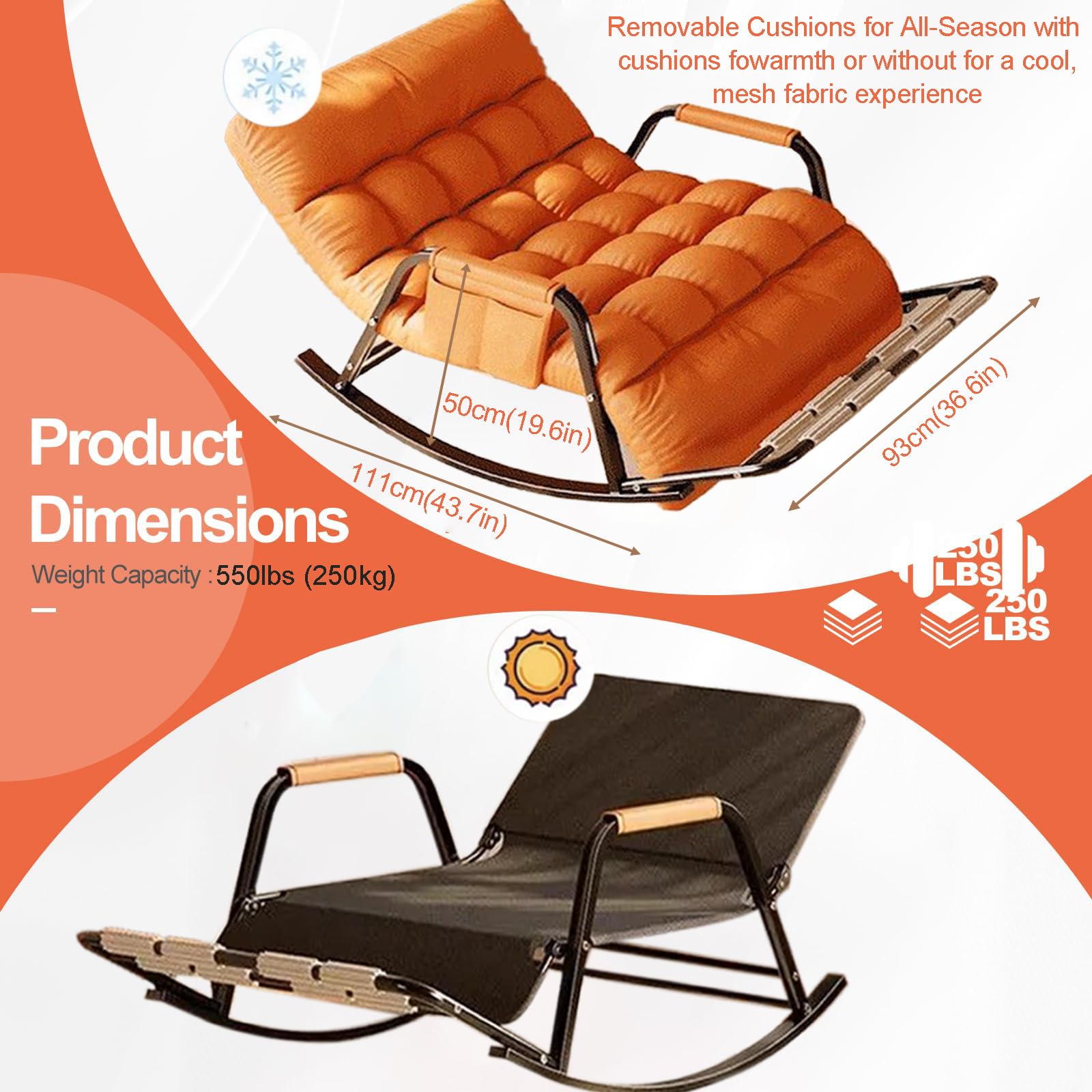 Rocking Chair, Dossier et Pied réglable, Tissu Résistant aux Griffes, Cadre en Acier Carbone, pour Intérieur et Extérieur, Gris & Orange, 93x111x50 cm, Charge Maximale 250 kg(Color:Gris)