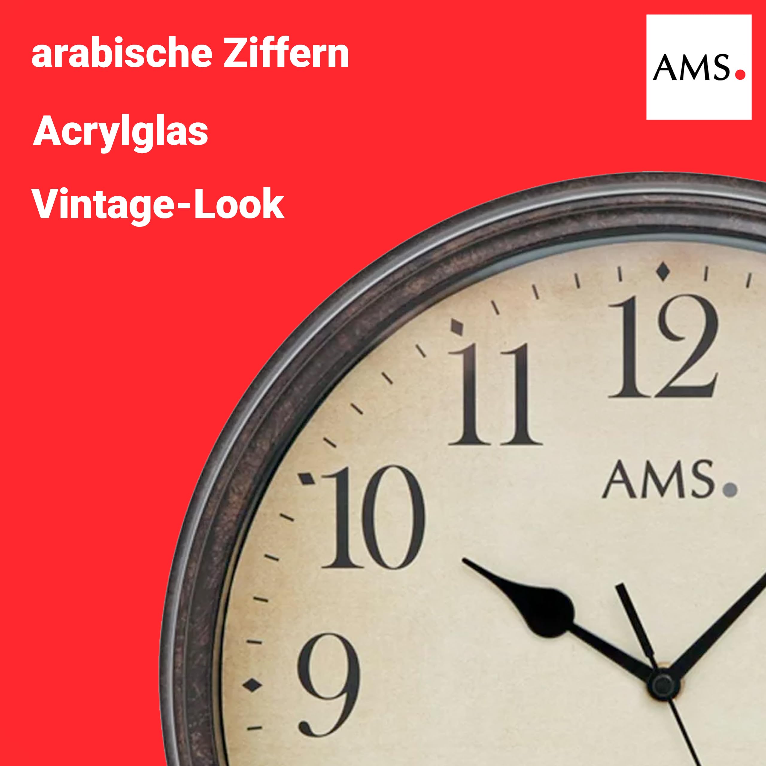 AMS 5962 Wanduhr 32 cm - Lautlos ohne Tickgeräusche, Vintage Retro, Funkwanduhr mit Arabischen Ziffern, Bruchsicheres Acrylglas, Analoge Funkuhr für Wohnzimmer, Küche & Büro