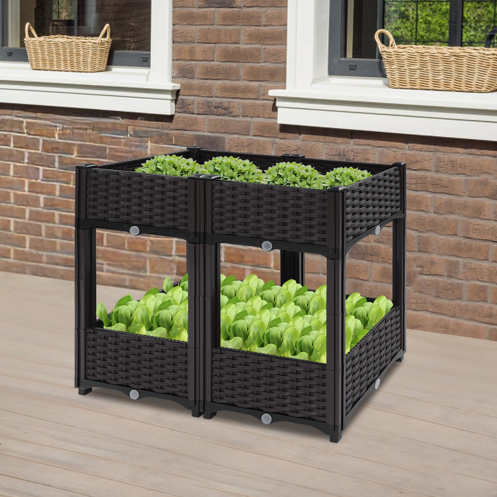 Vaso da fiori effetto rattan, 2 ripiani, 4 scatole, per esterni, rettangolare, profondità interna 15 cm, per giardini, balconi, terrazze, 80 x 40 x 67 cm