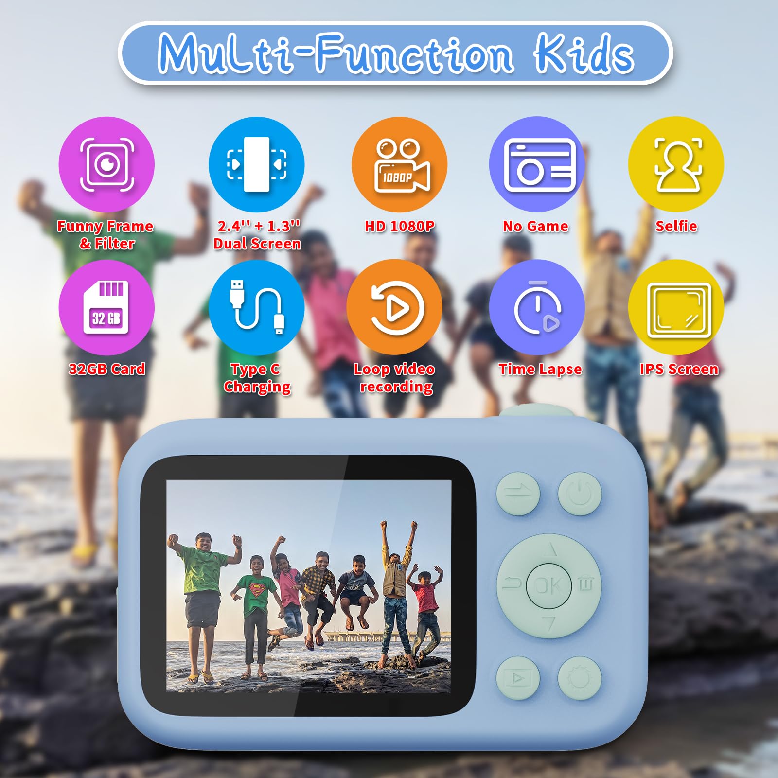 SJCAM macchina fotografica bambini,1080P 2.4'' 1.3'' doppio colore schermo LED Bambini fotocamera digitale Vedio Compleanno Regali di vacanza con 32G Card, adesivo per età 3-10 anni ragazze ragazzi