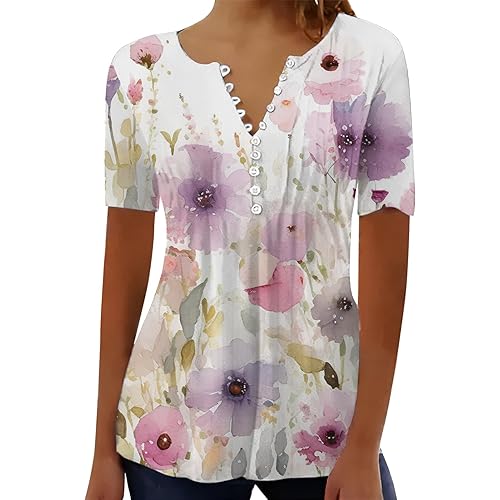Womens Tunic Tops Boho Short Sleeve Notch V Neck Shirt 2025 Vintage Print Empire Waist Casual Summer Tunic Blouse