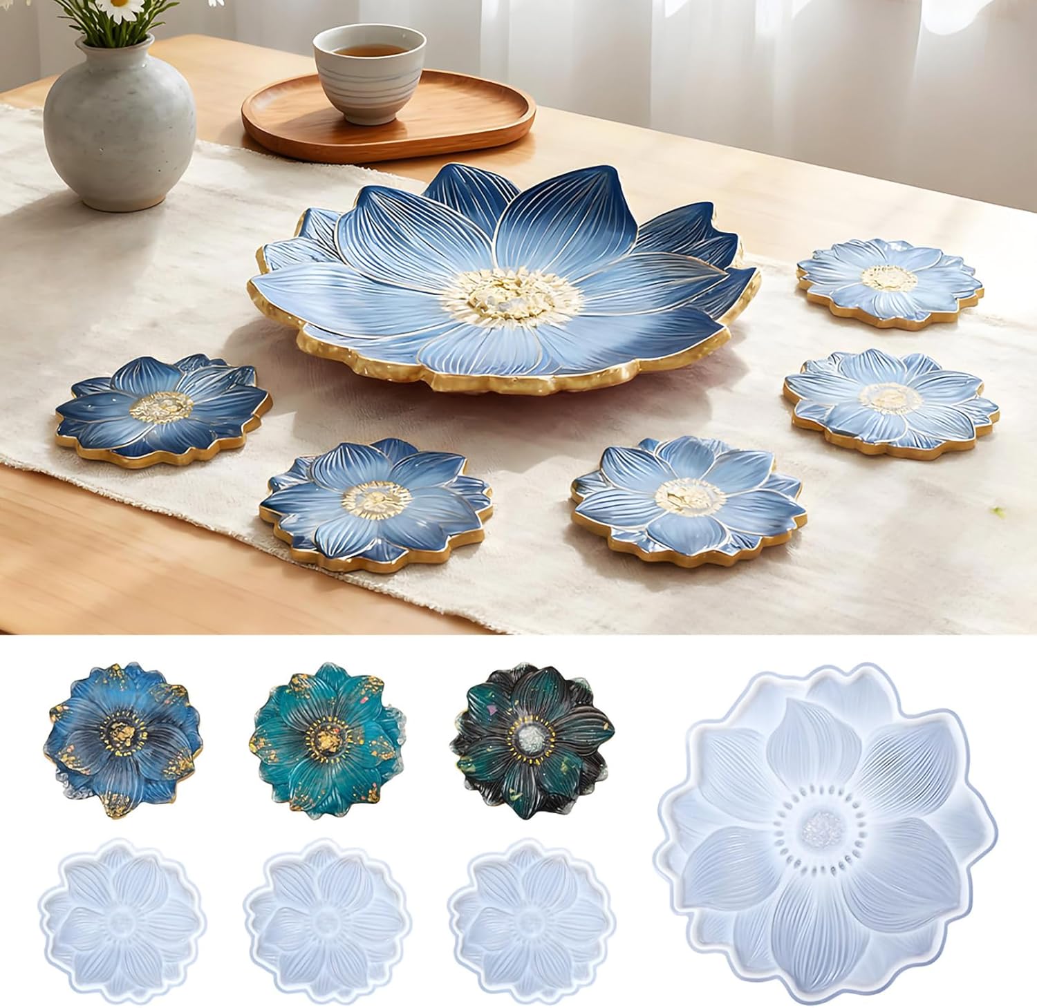 Large Flower Resin Tray Mold Set, White Silicone molds, 14 Inch with 4 Coaster Molds for DIY Crystal Geode Casting, Art Craft Table Home Decoration