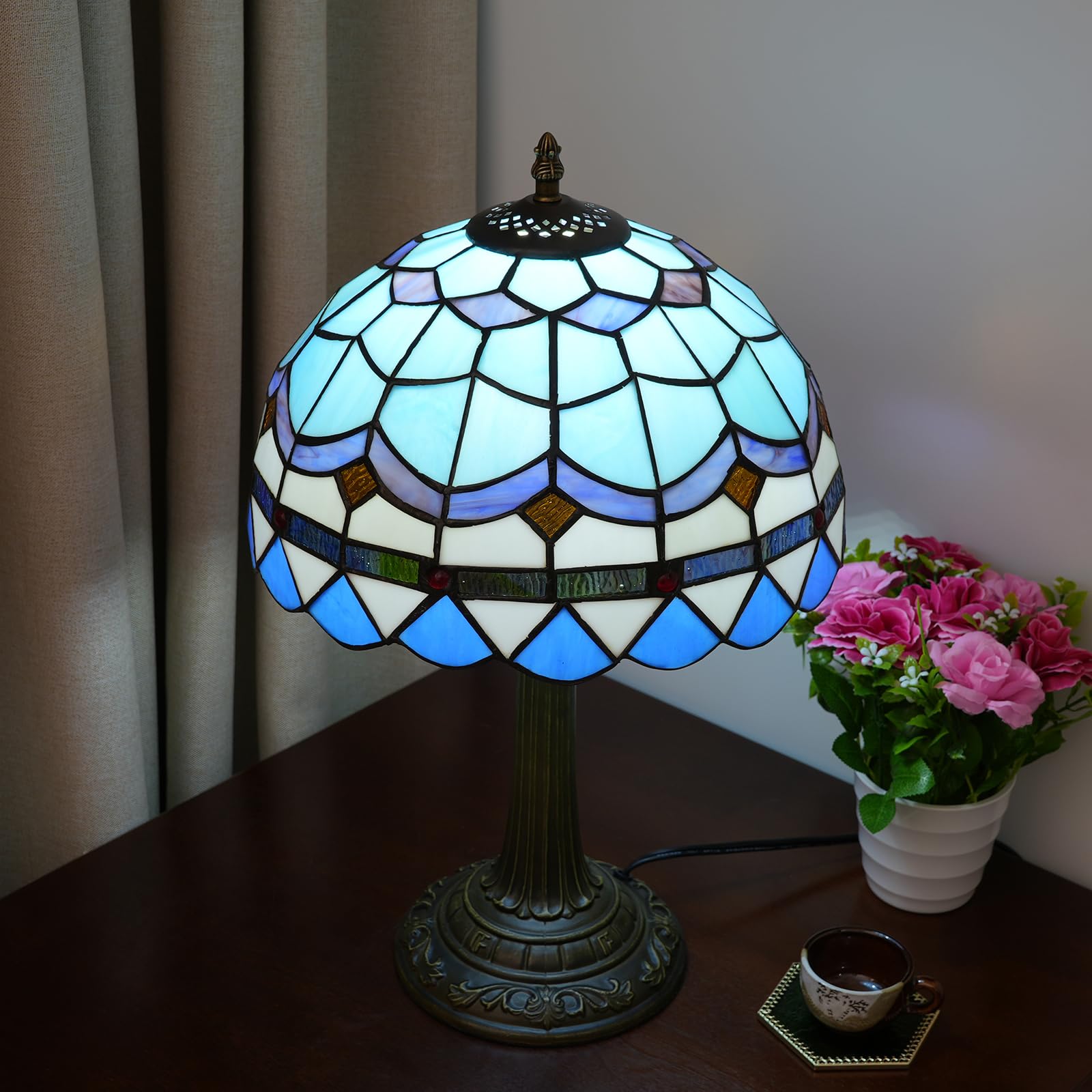Tiffany lampa stołowa witrażowa lampa śródziemnomorska niebieska sypialnia lampa stołowa lampka do czytania lampka na biurko do salonu biura akademika jadalni dekoracja parapetówka prezent 30 x 30 x