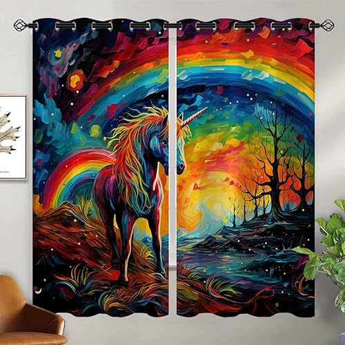 Miniatura 10 de Cortinas opacas de unicornio para niñas y niños, decoración del hogar, diseño de arco iris, lindo cuento de hadas con ojales, cortinas aislantes