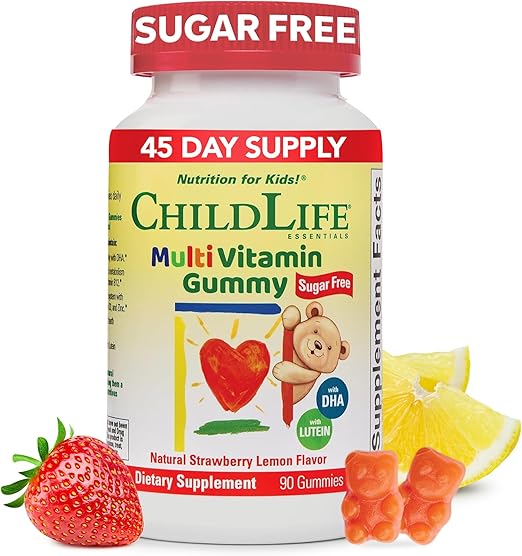 CHILDLIFE ESSENTIALS Multivitamin Gummies for Kids - Children's Vitamins, Kids Multivitamins with DHA, Sugar Free - Natural Strawberry, 90 Count