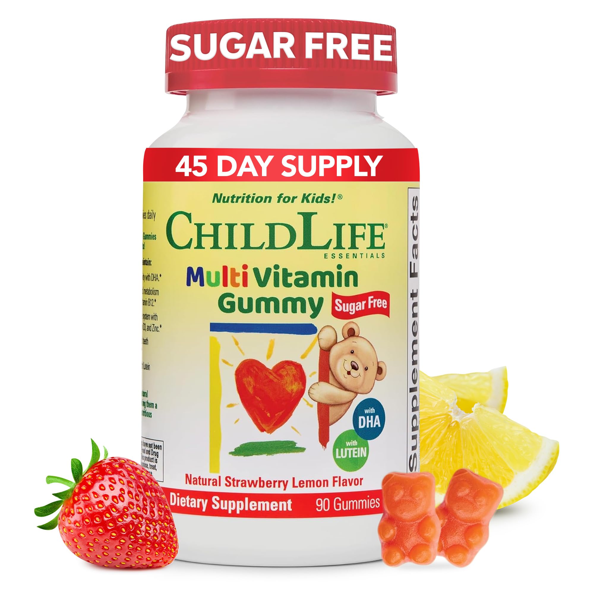 CHILDLIFE ESSENTIALS Multivitamin Gummies for Kids - Children's Vitamins, Kids Multivitamins with DHA, Sugar Free - Natural Strawberry, 90 Count