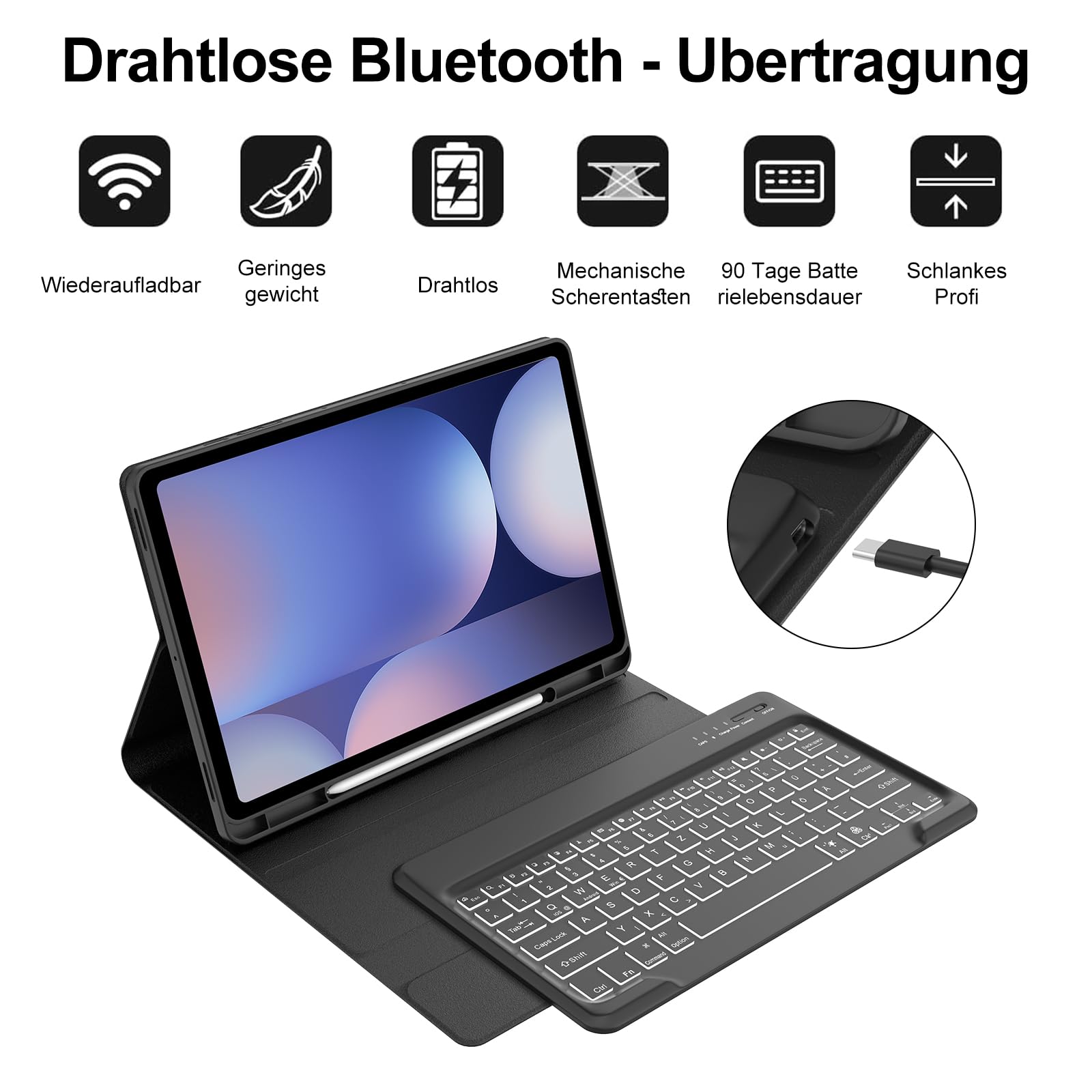 Keyboard for Samsung Galaxy Tab S10+/S9FE+/S9+, 7-Colour Lighting