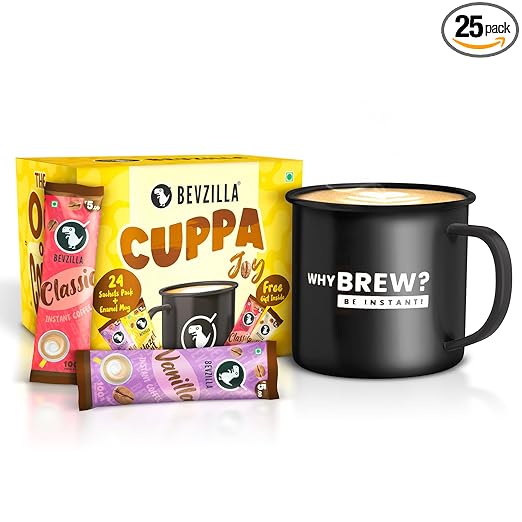 Bevzilla 24 Flavoured Coffee Sachets & Enamel Mug | Makes 24 Cups| 6 Sachets Each Flavour | Turkish Hazelnut, Colombian Gold, French Vanilla & English Butterscotch | Cuppa Joy Box