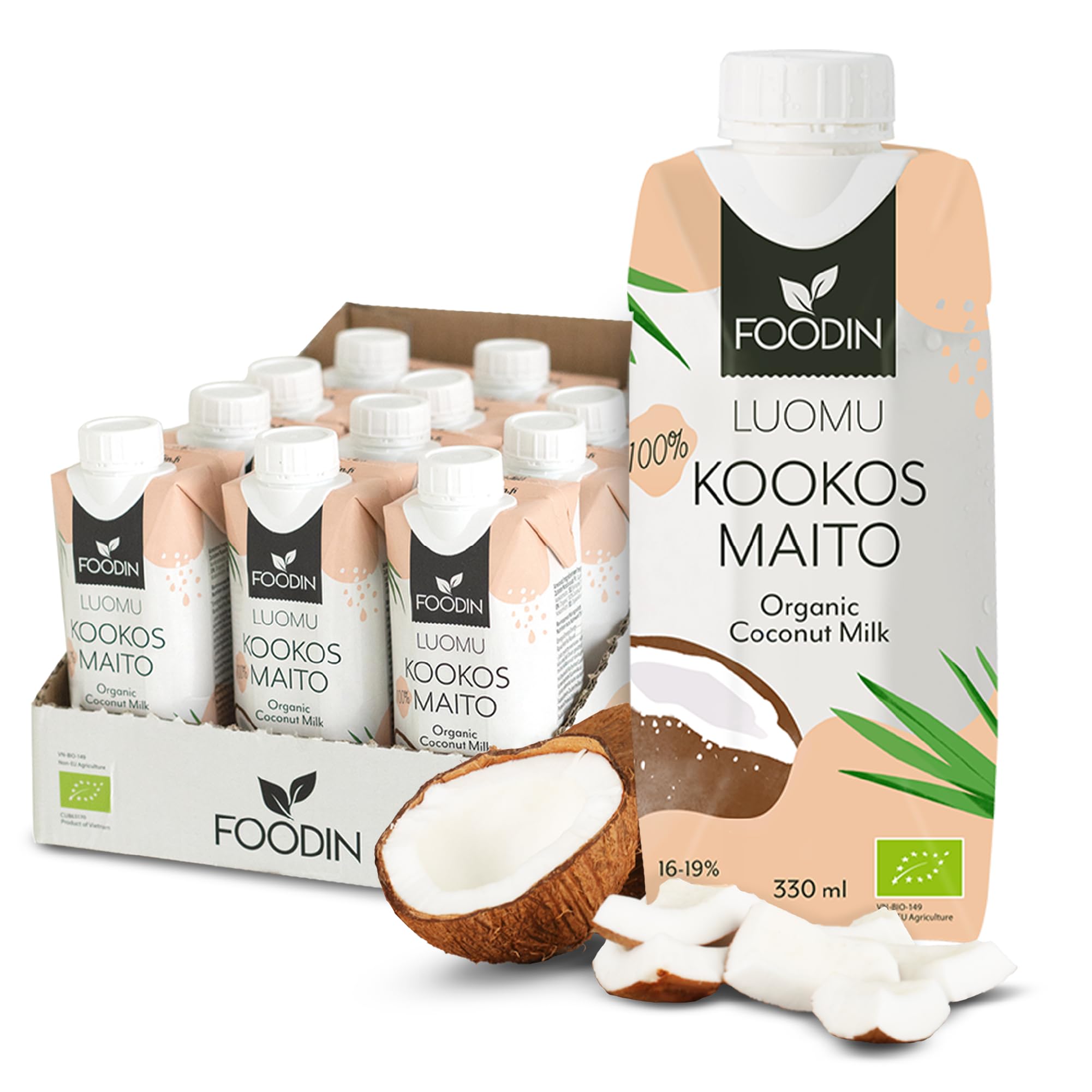 FOODIN Bio Kokosmilch 12 x 330 ml – Cremig & lecker, 100% vegan, aus weißem Kokosnuss-Fruchtfleisch, ideal für Currys, Suppen, Smoothies & Desserts