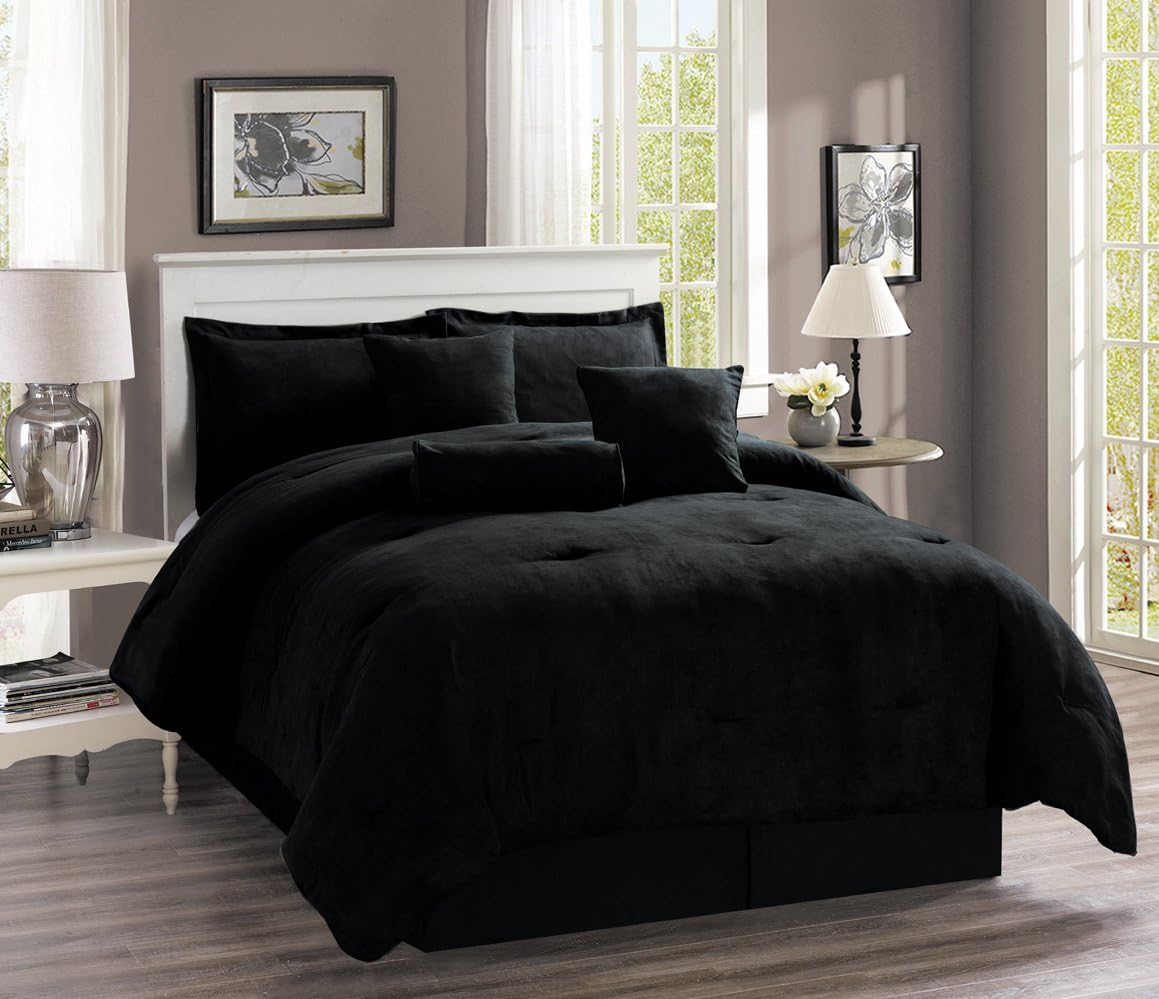Grand Linen 5Piece Oversize Solid Black Micro Suede Comforter Set Twin Size Bedding