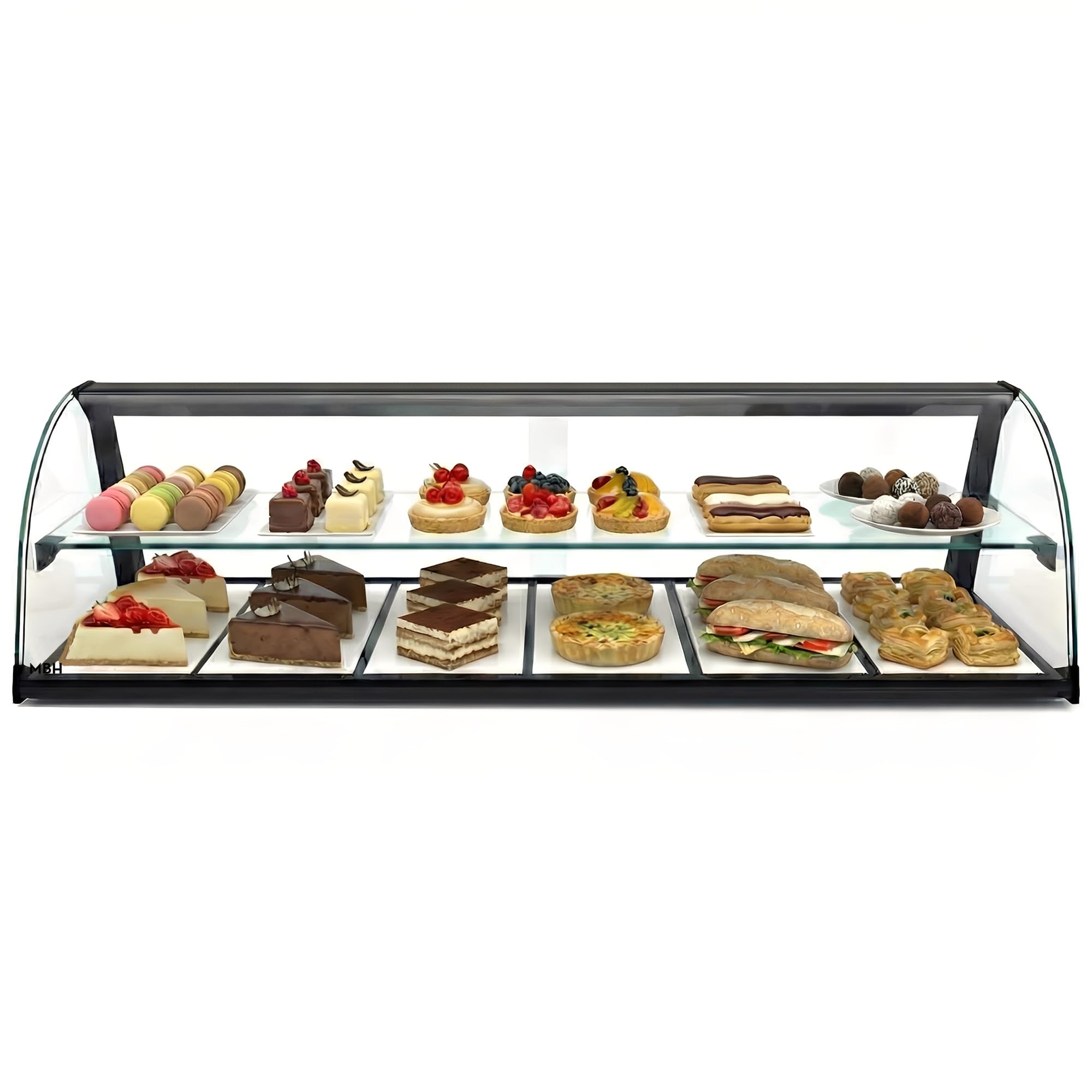 MBH - Neutrale Aufsatzvitrine 84 cm, gebogenes ESG-Sicherheitsglas, 2 Etagen, ohne LED-Beleuchtung, mit rückseitigen Schiebetüren, für Bar, Café, Restaurant, Gebäck und Konditorei.