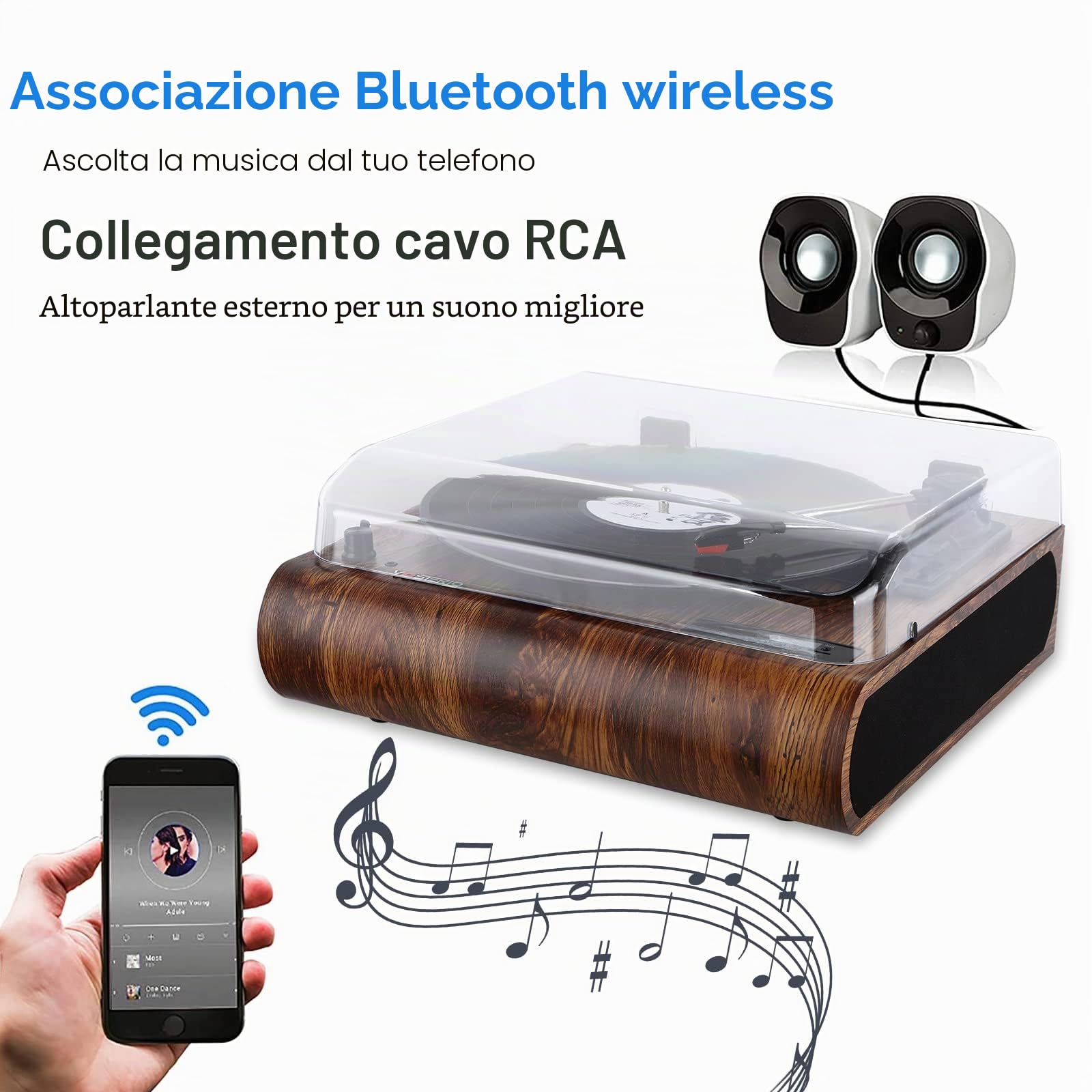 Vosterio Vinile Giradischi Bluetooth Portatile a Tre Velocità,Vintage con Altoparlanti Stereo Integrati, con Uscite RCA, Presa Cuffie, Radio FM, USB, Aux-in e display a LED