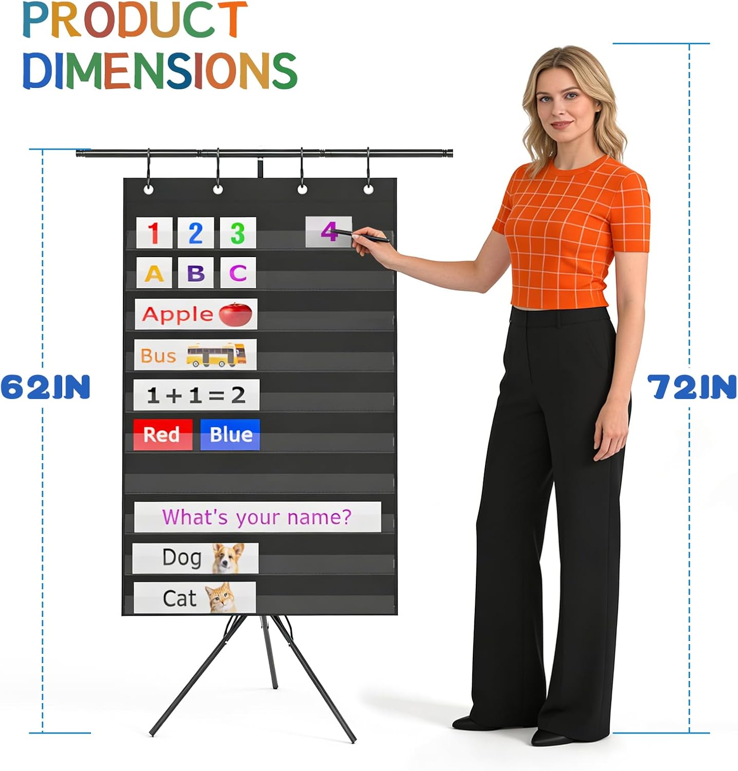Pocket Chart Stand with Standard Pocket Chart, Height Adjustable Tripod Anchor Holder up to 62.99", 4 Anti-Drop S-Hooks, Teacher Supply Tray for Classroom & Homeschool