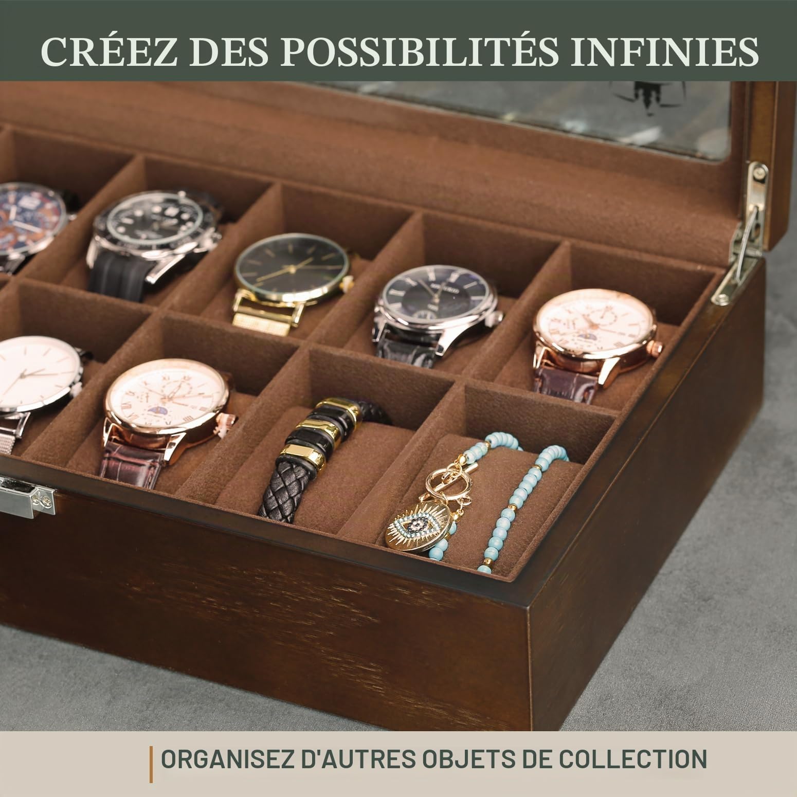 Slege Boîte à Montres en Bois,Boîte de Rangement pour 12 Montres-Cave à Montre pour Homme et Femme - Boîte à bijoux avec couvercle en verre,Support de montre,Watch Box Cadeaux(Marron)
