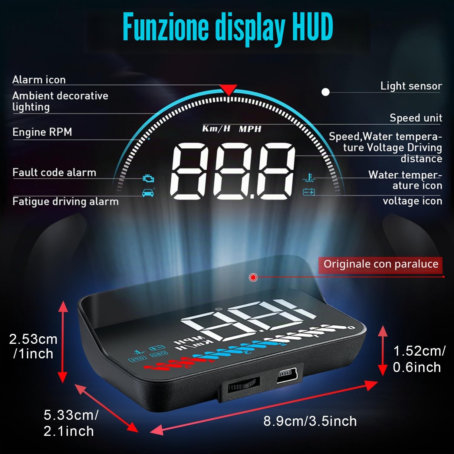 Auto HUD Display OBD2 & HUD Display GPS Dual System, Tachimetro Auto Misuratore di temperatura dell'acqua Misuratore di velocità del motore Allarme di sicurezza applicabile a tutti i veicoli