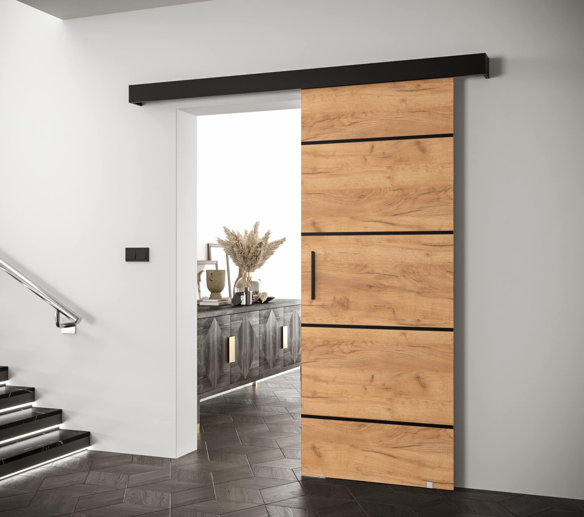 MEBLE KRYSPOL Salwador 4-Schiebetürsystem mit Schienenabdeckung und Dekorstreifen - Innentüren - Starke Konstruktion - 90x204cm - Craft Gold Schwarz