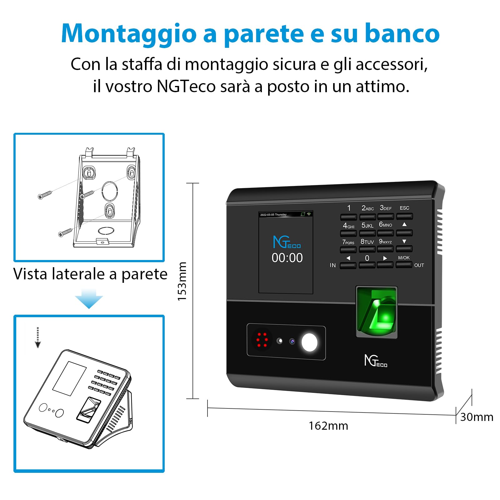 NGTeco WIFI Rilevazione Presenze: Dispositivo con riconoscimento facciale, impronte digitali, badge RFID e PIN, compatibile con iOS e Android, per presenze dipendenti(English)