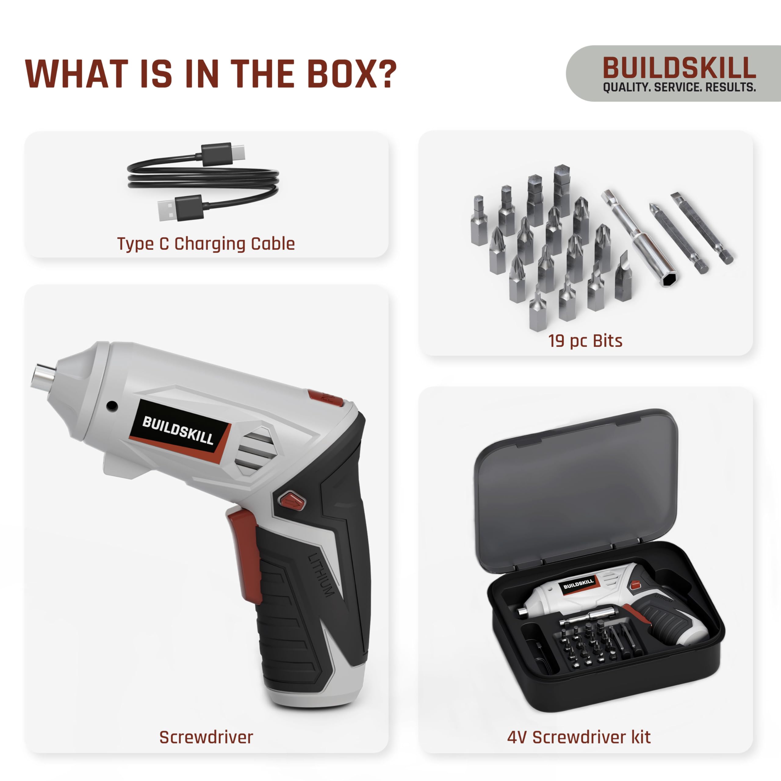 BUILDSKILL 4V Cordless Screw Driver Kit | 19 Pcs | 4 N.M. Torque | 250 RPM | Magnetic Chuck | 1.5AH Battery | Forward-Reverse | 2 position Handle Lock & LED Light | Type-C Charging cable included 3