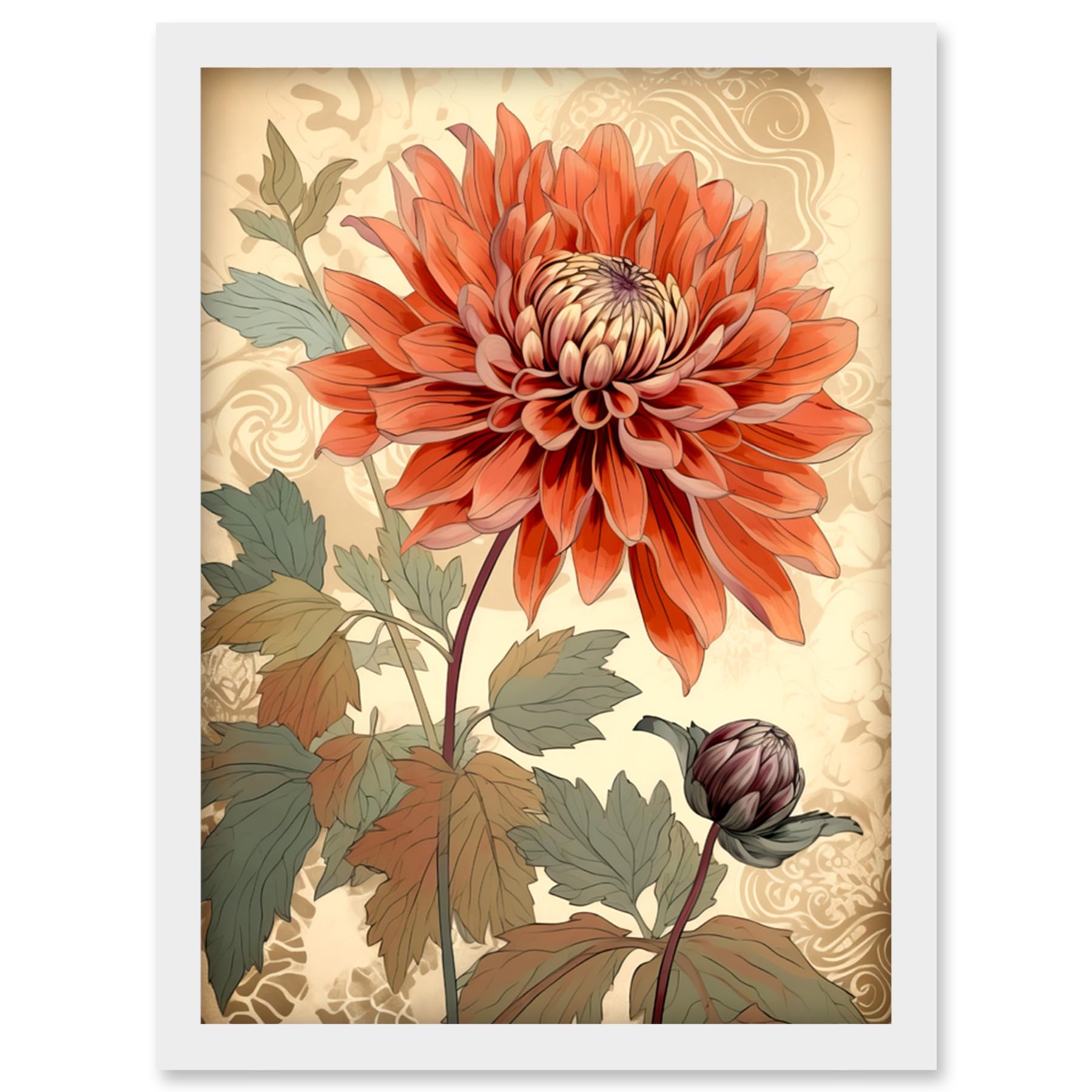 Artery8 Pastel Colour Orange Dahlia Flower with Patterns Artwork Framed Wall Art Print A4