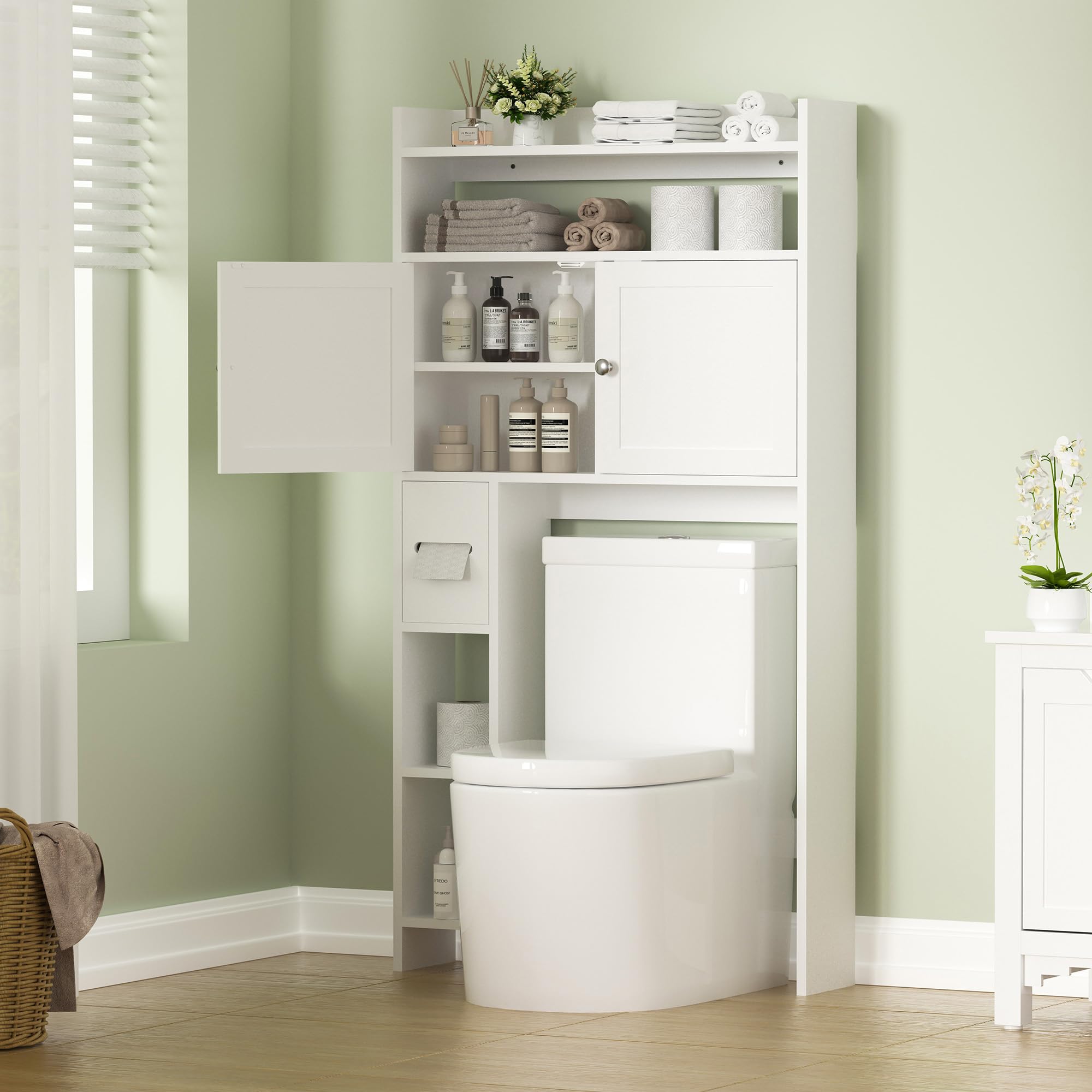 MU Over The Toilet Storage Cabinet with Toilet Paper Holder Stand, Bathroom Storage Organizer, Space-Saving Toilet Storage Rack for Bathroom, Laundry (White)