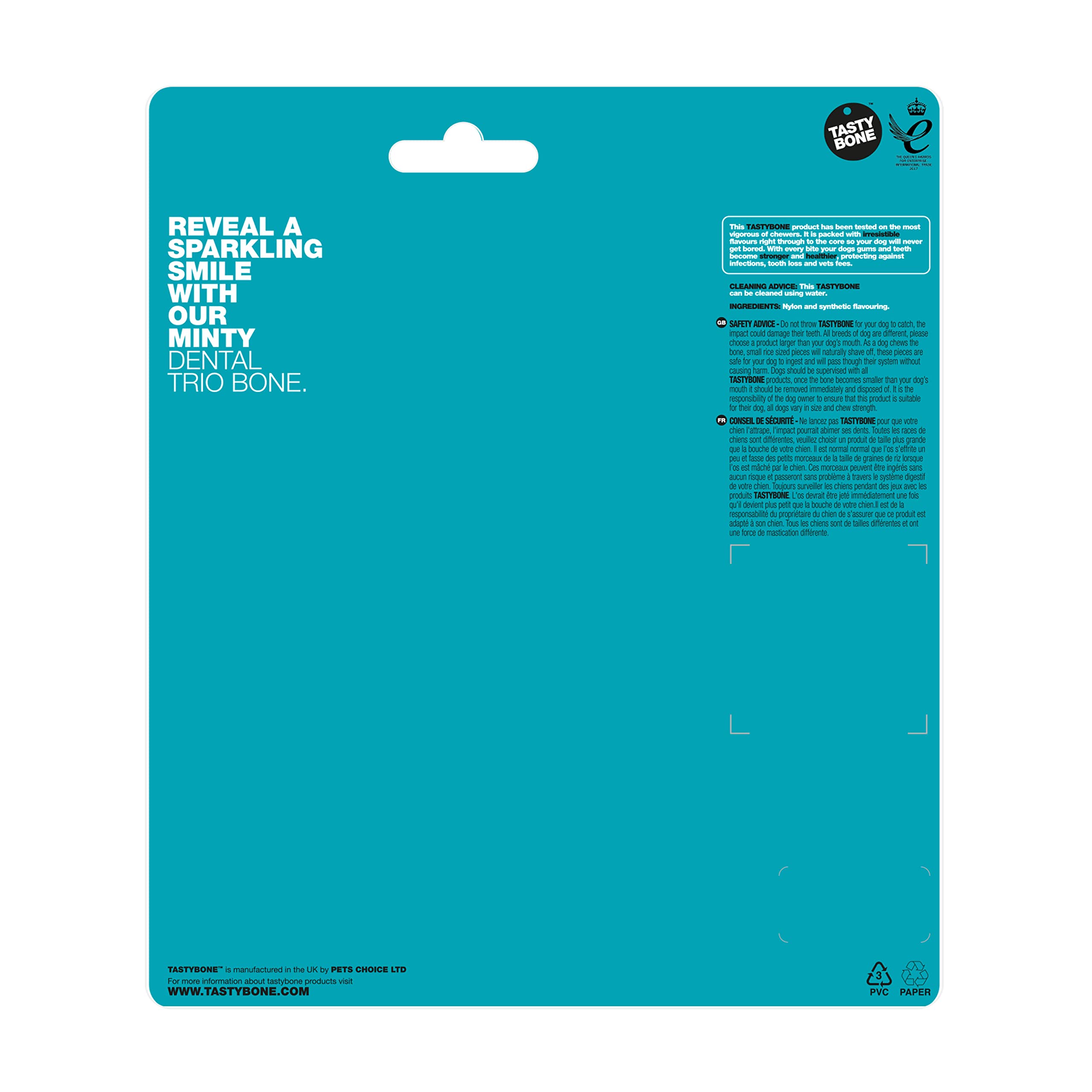 TastyBone TrioBone dentystyczna nylonowa zabawka do żucia dla dużych psów (mięta pieprzowa) - mocne, zdrowe zęby i dziąsła, niezniszczalna, dla agresywnych gryzaków, trwały smak, wyprodukowana w
