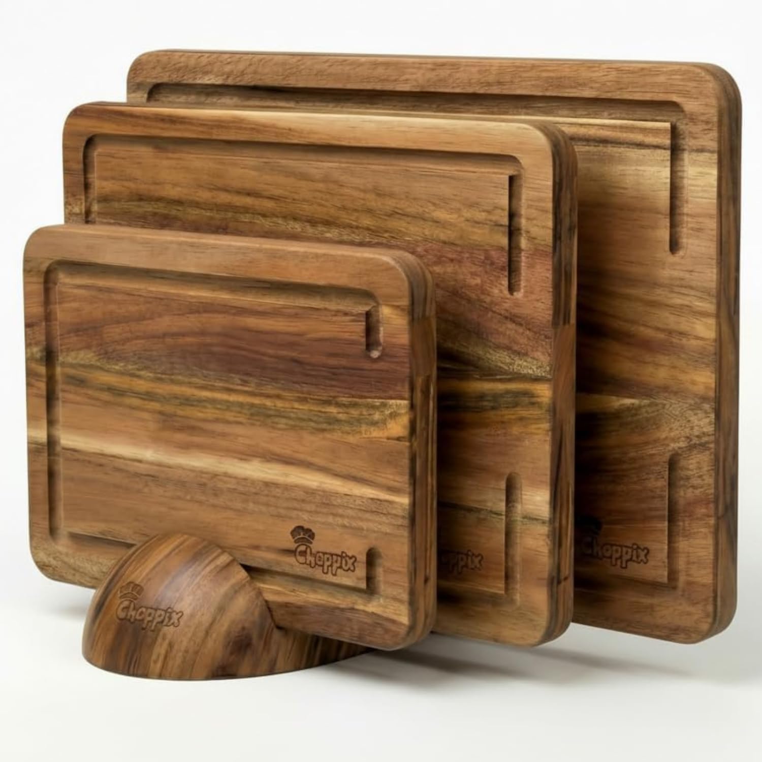 Choppix Wooden Chopping Boards - Acacia Wood Cutting Boards with Elegant Round Stand (Non-Slip Base) & Chopping Board Oil - Pack of 3 (33x22, 28x20, 22x15cm) for Meat, Cheese, Bread & Veg