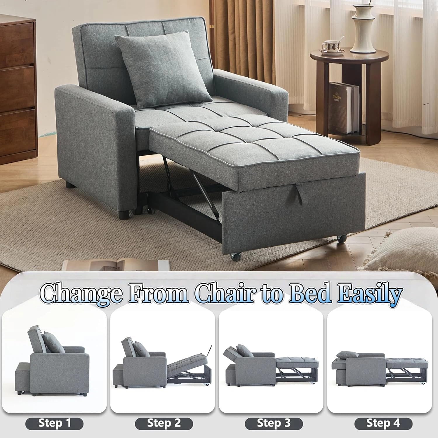 3-in-1 Convertible Sleeper Chair, Pullout Chair with Extra Pillow, Recliner Sofa Bed with 4 Adjustable Angles, Convertible Lazy Sofa Bed for Small Spaces Home Office, Light Gray
