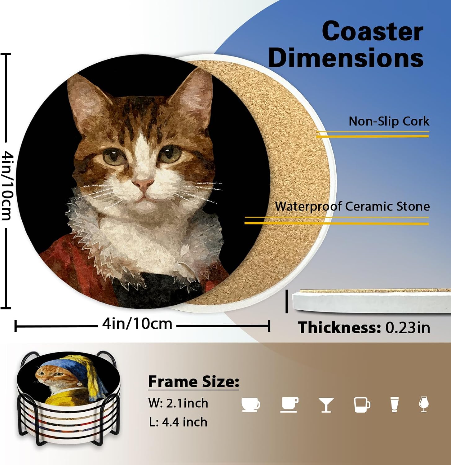 Funny Famous Oil Painting Cat Ceramic Coasters with Holder Set of 6 image 2