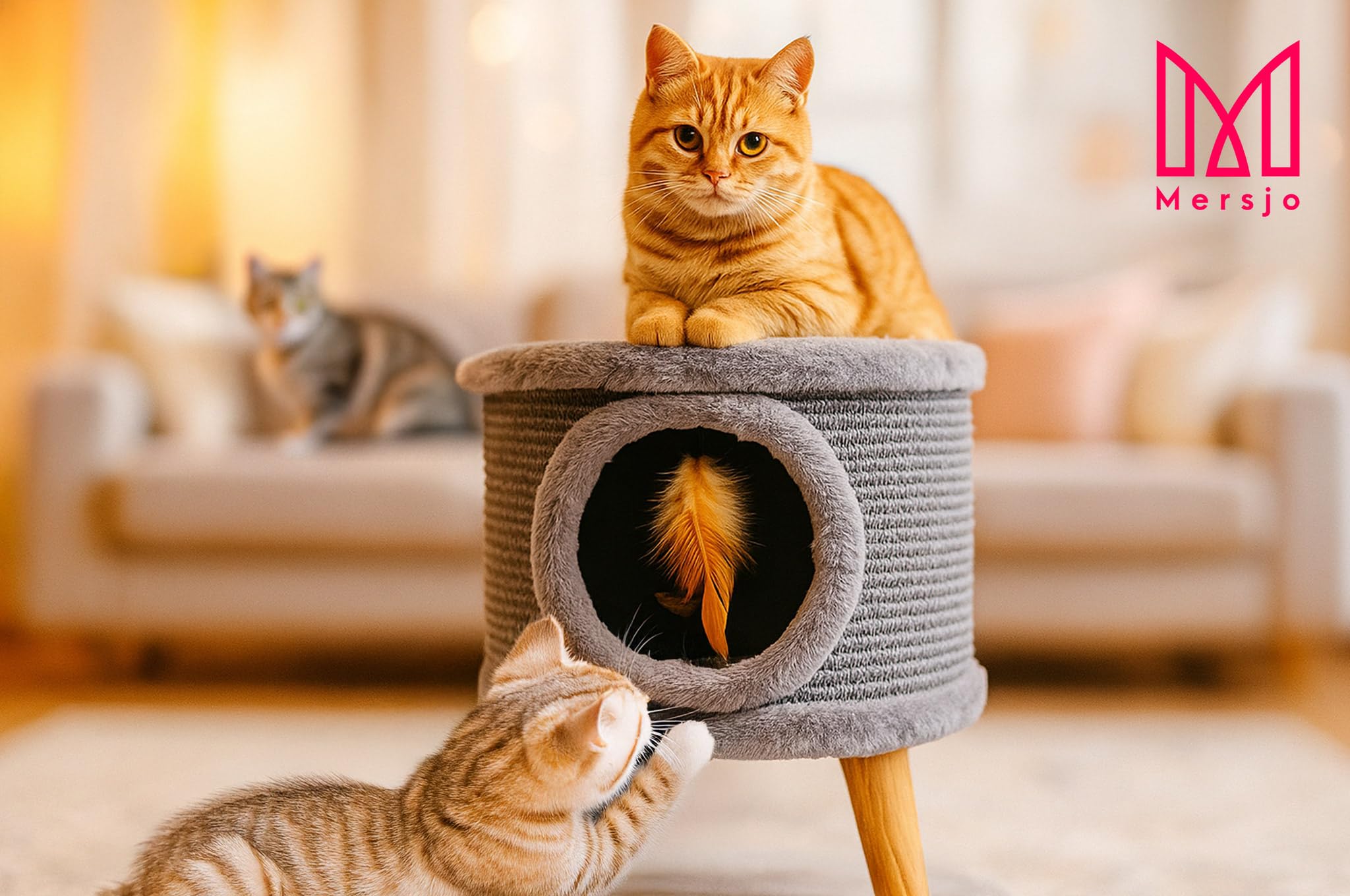 Casa para gatos Cabin II, rascador con superficie de descanso y muelle de juego, 32 cm de diámetro, 38 cm de altura, color gris