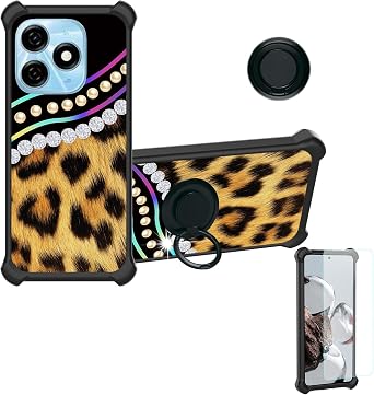 OSNCG Case Compatible for Tecno Kj5 Phone Case Cover [with Tempered Glass Screen Protector][Hard PC + Soft Silicone][Ring Support] [Colorful Reflect Light] IMDH-ZBW