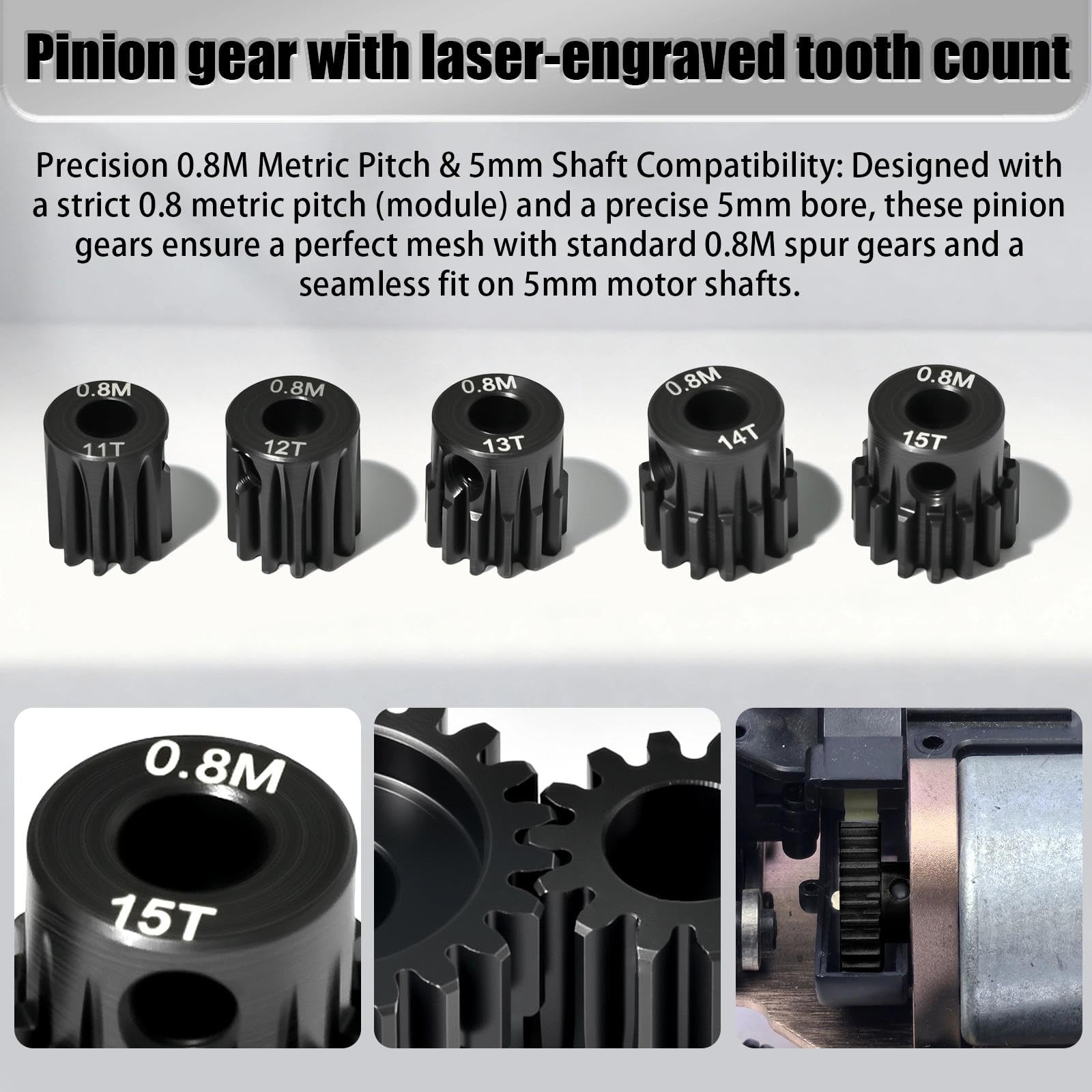 Set de 5 pignons moteur 0.6M en acier trempé 5mm 11T 12T 13T 14T 15T