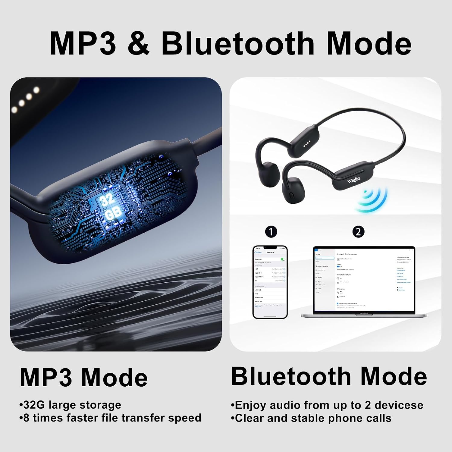 Wigfar V5 headphones showing MP3 and Bluetooth modes