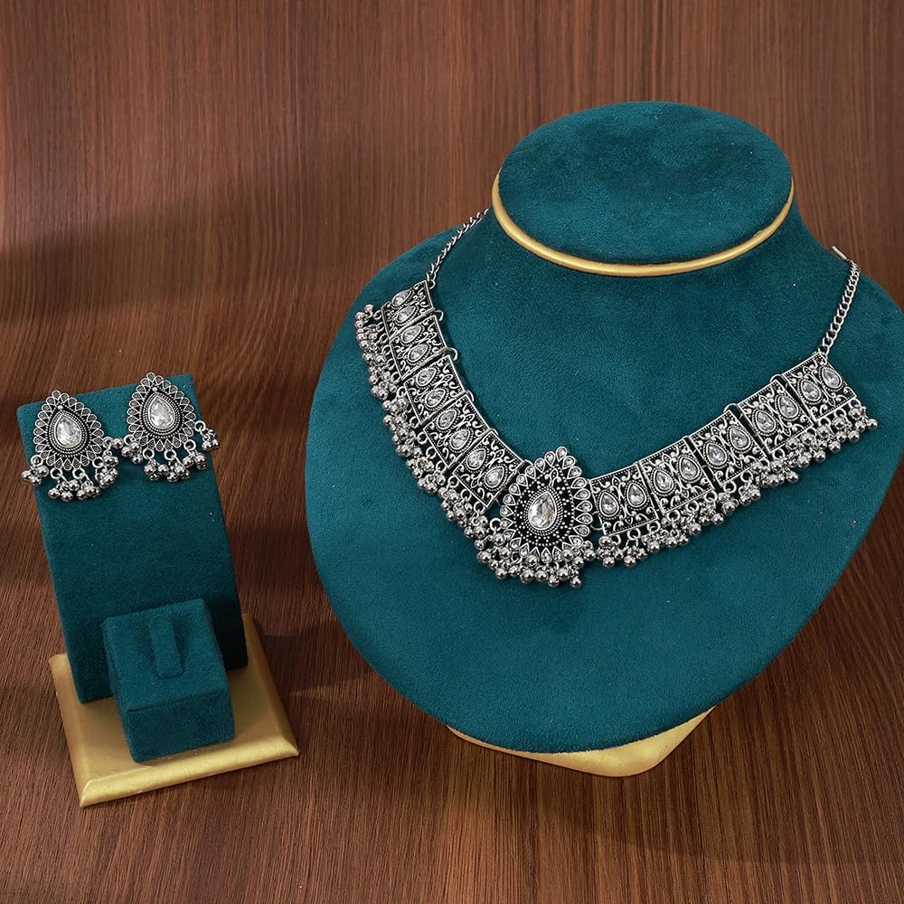 Retro Indian Traditional Jewellery Set For Women Bridal Wedding Party Antique Silver Oxidized Ethnic Prom Wear Statement Necklace Earring Tassel Bollywood Choker Punk Crystal Fashion Gift - Image 4