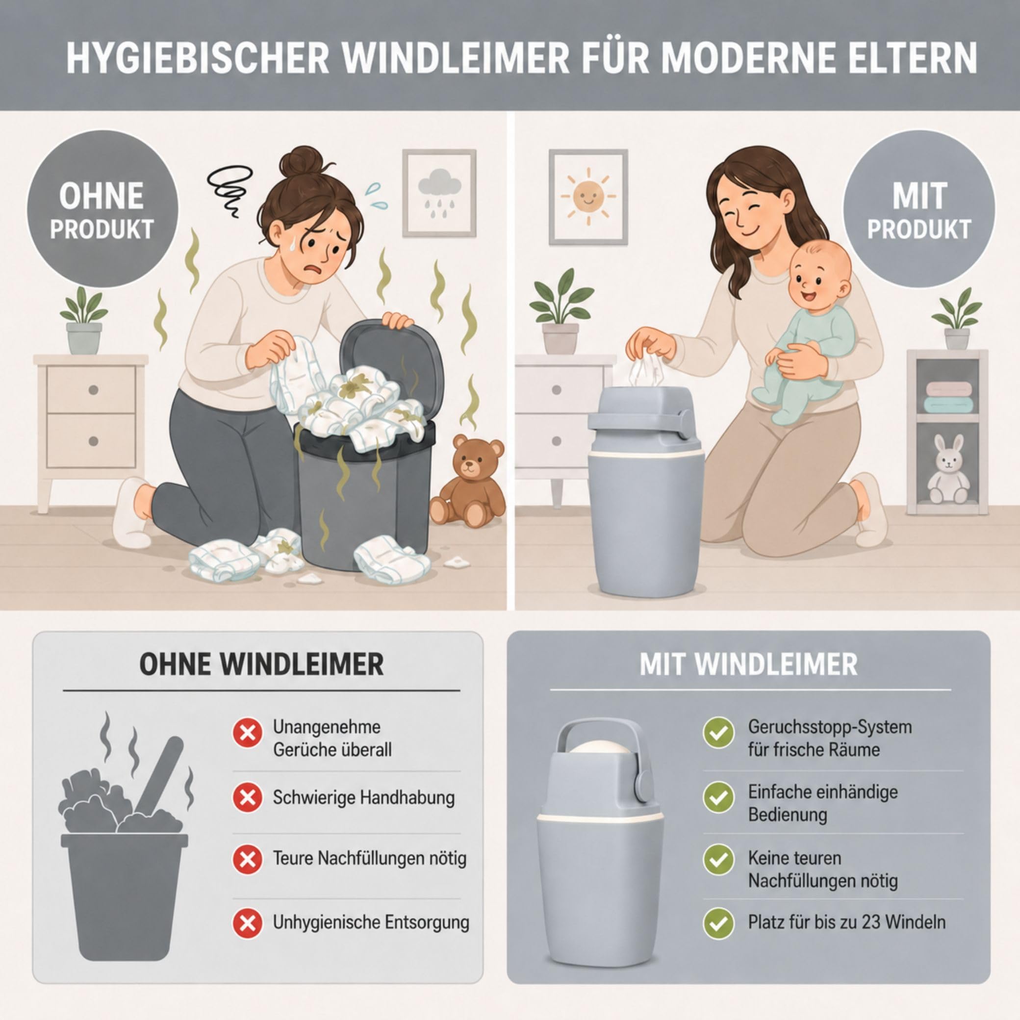 AirWell Windeleimer Geruchsdicht & Windel Blaubaer - Wickeleimer, mit Geruchsstopp-System, Einhändige Bedienung, Windeleimer Windelmülleimer, 23 Windeln Fassungsvermögen, Mülleimer Badezimmer